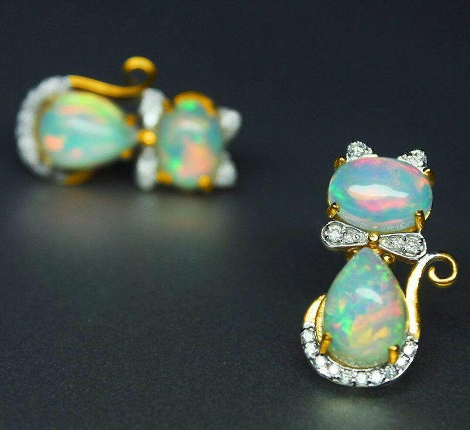 Women's or Men's Ethiopian Opal Diamond 14k Solid Gold Kitty Cat Earring Cat Bow Stud Earrings  For Sale