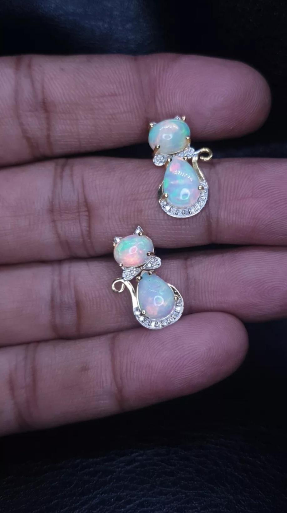 Women's or Men's Ethiopian Opal Diamond 14k Solid Gold Kitty Cat Bow Stud Earrings Pair For Sale