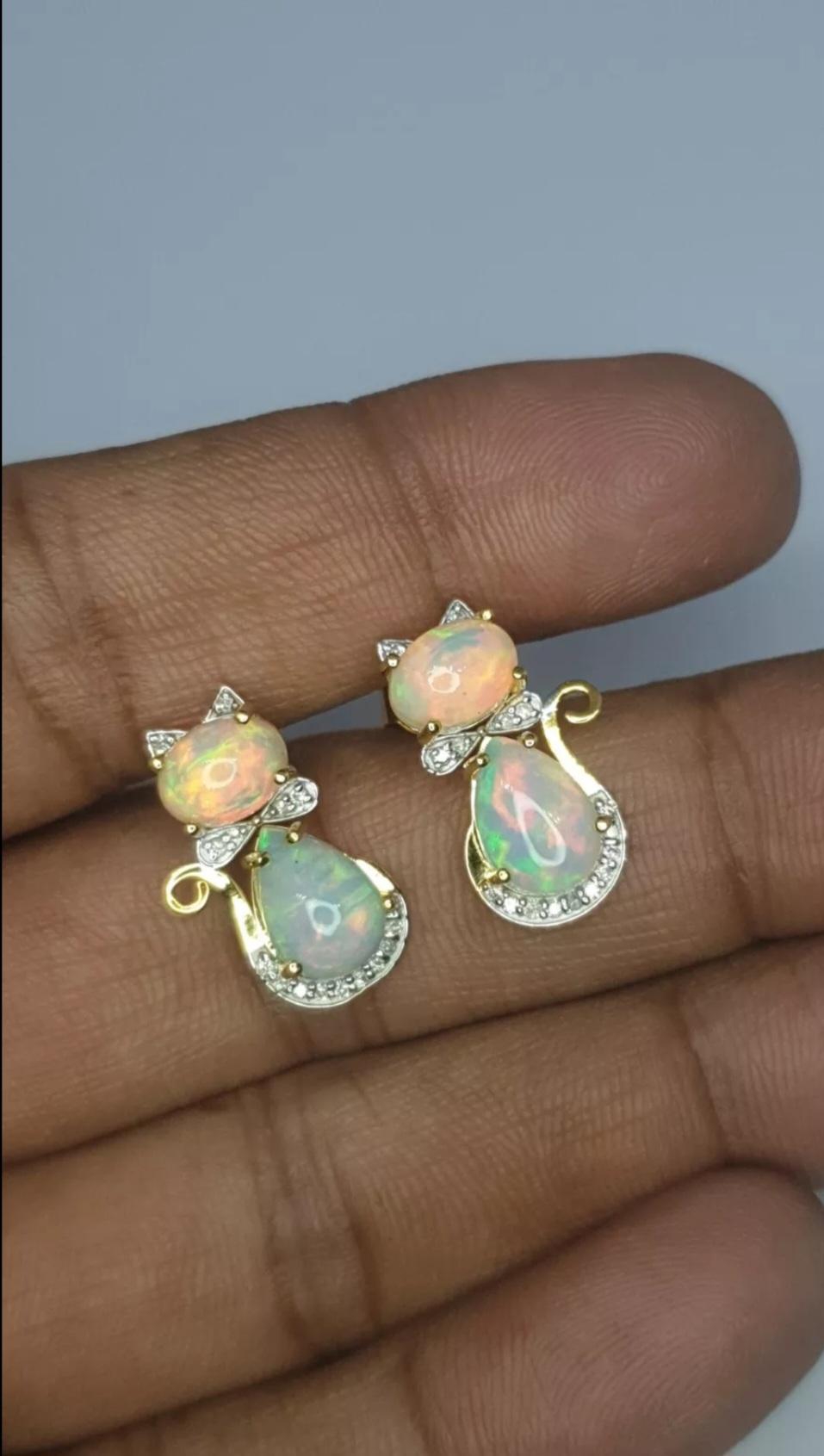 Ethiopian Opal Diamond 14k Solid Gold Kitty Cat Bow Stud Earrings Pair For Sale 1