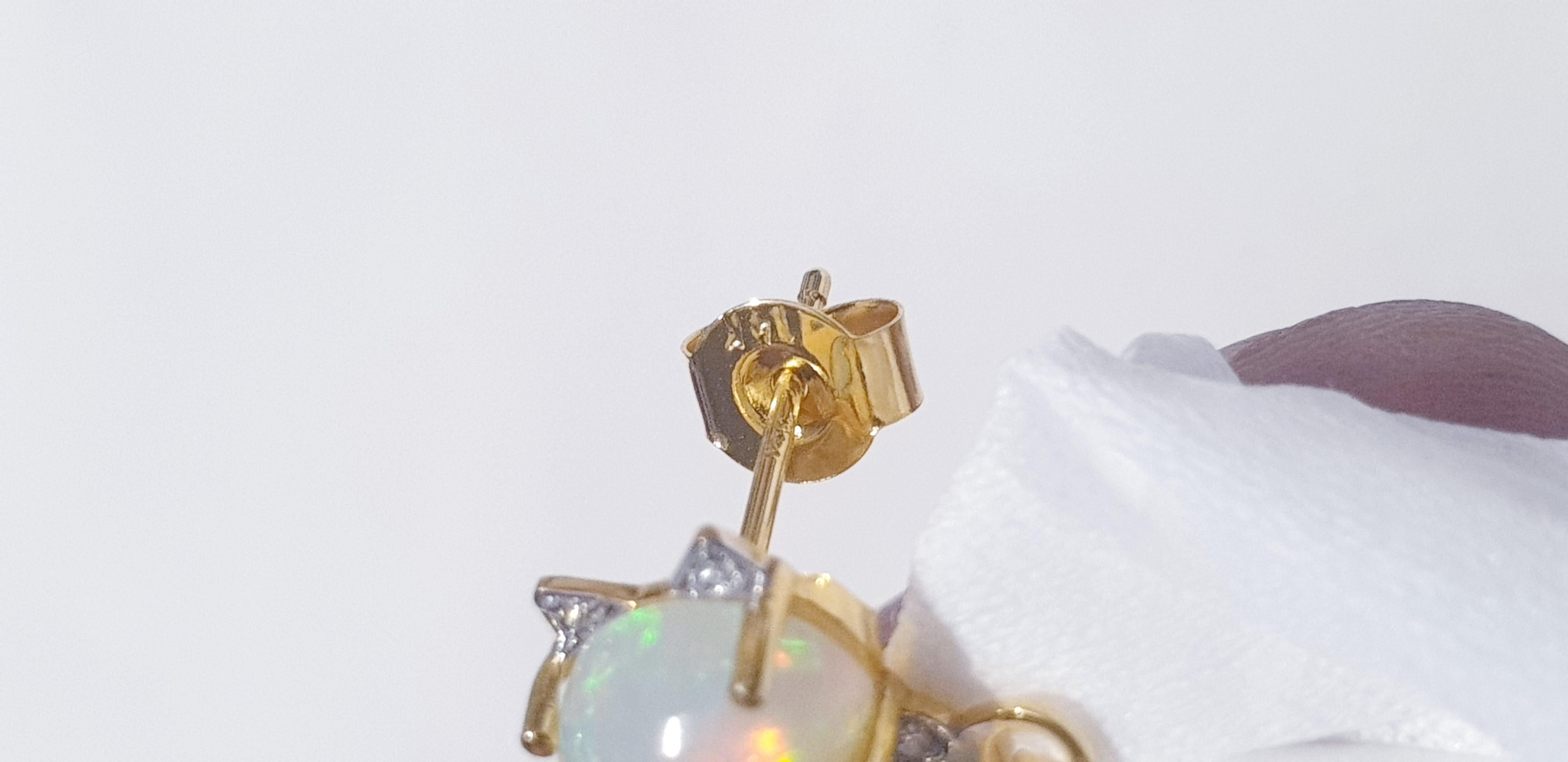 Ethiopian Opal Diamond 14k Solid Gold Kitty Cat Earring Cat Bow Stud 1 pc only For Sale 2