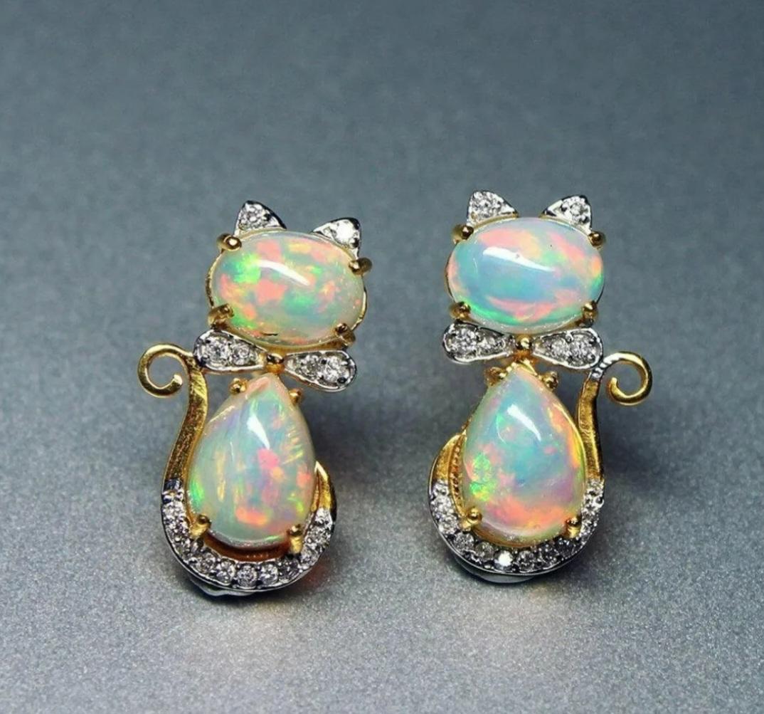 Ethiopian Opal Diamond 14k Solid Gold Kitty Cat Bow Stud Earrings Pair For Sale 2