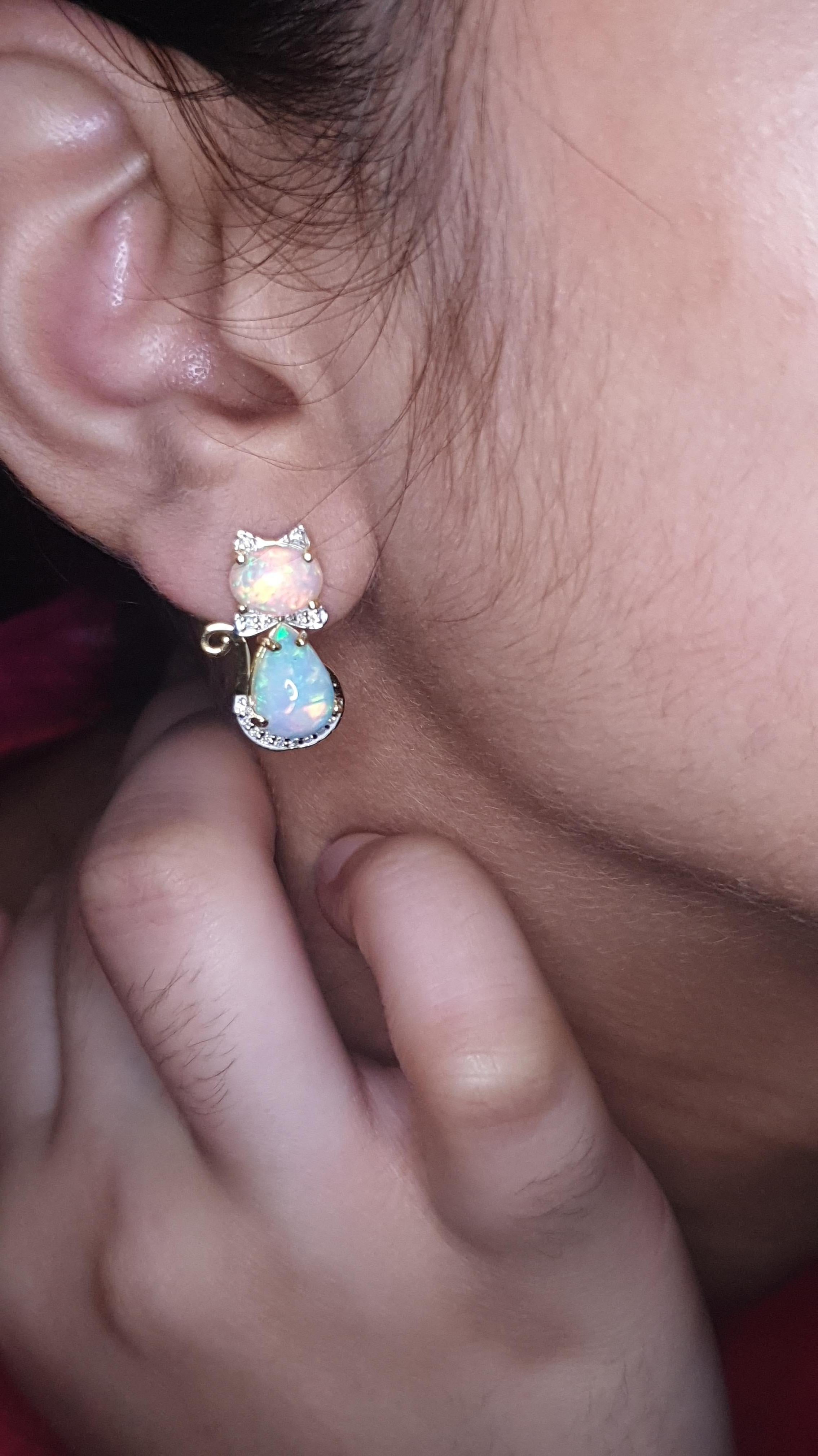 Ethiopian Opal Diamond 14k Solid Gold Kitty Cat Earring Cat Bow Stud 1 pc only For Sale 3