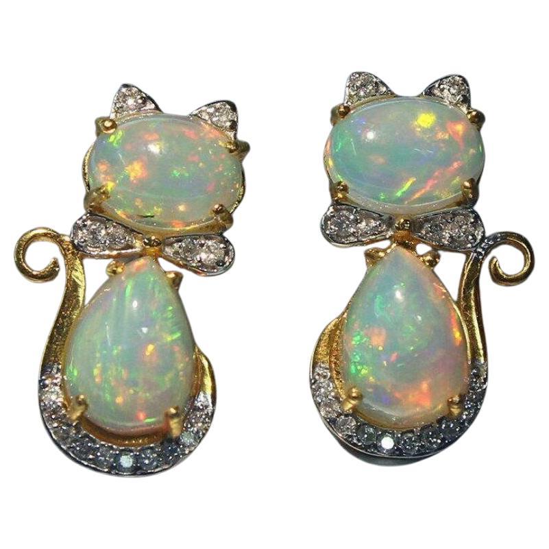 Ethiopian Opal Diamond 14k Solid Gold Kitty Cat Earring Cat Bow Stud Earrings  For Sale