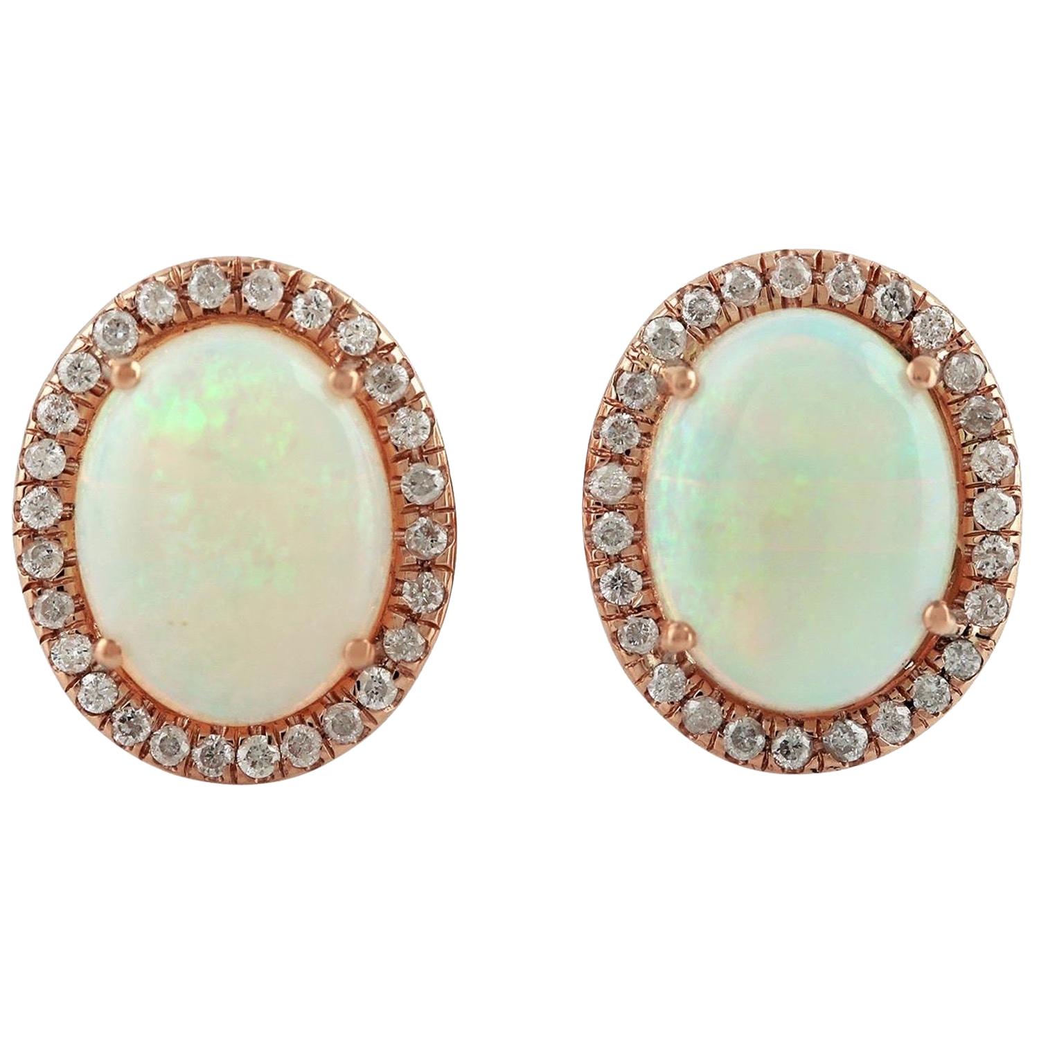 Ethiopian Opal Diamond 18 Karat Gold Oval Stud Earrings For Sale