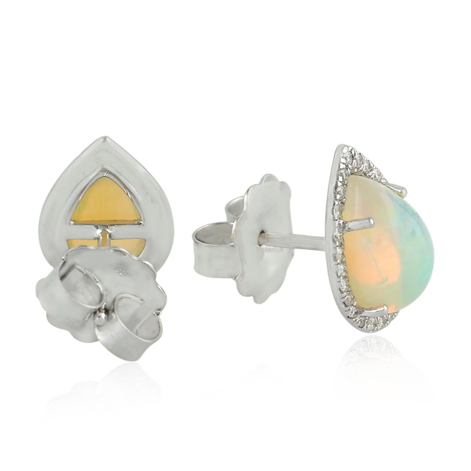 Artisan Ethiopian Opal Diamond 18 Karat Gold Pear Stud Earrings For Sale