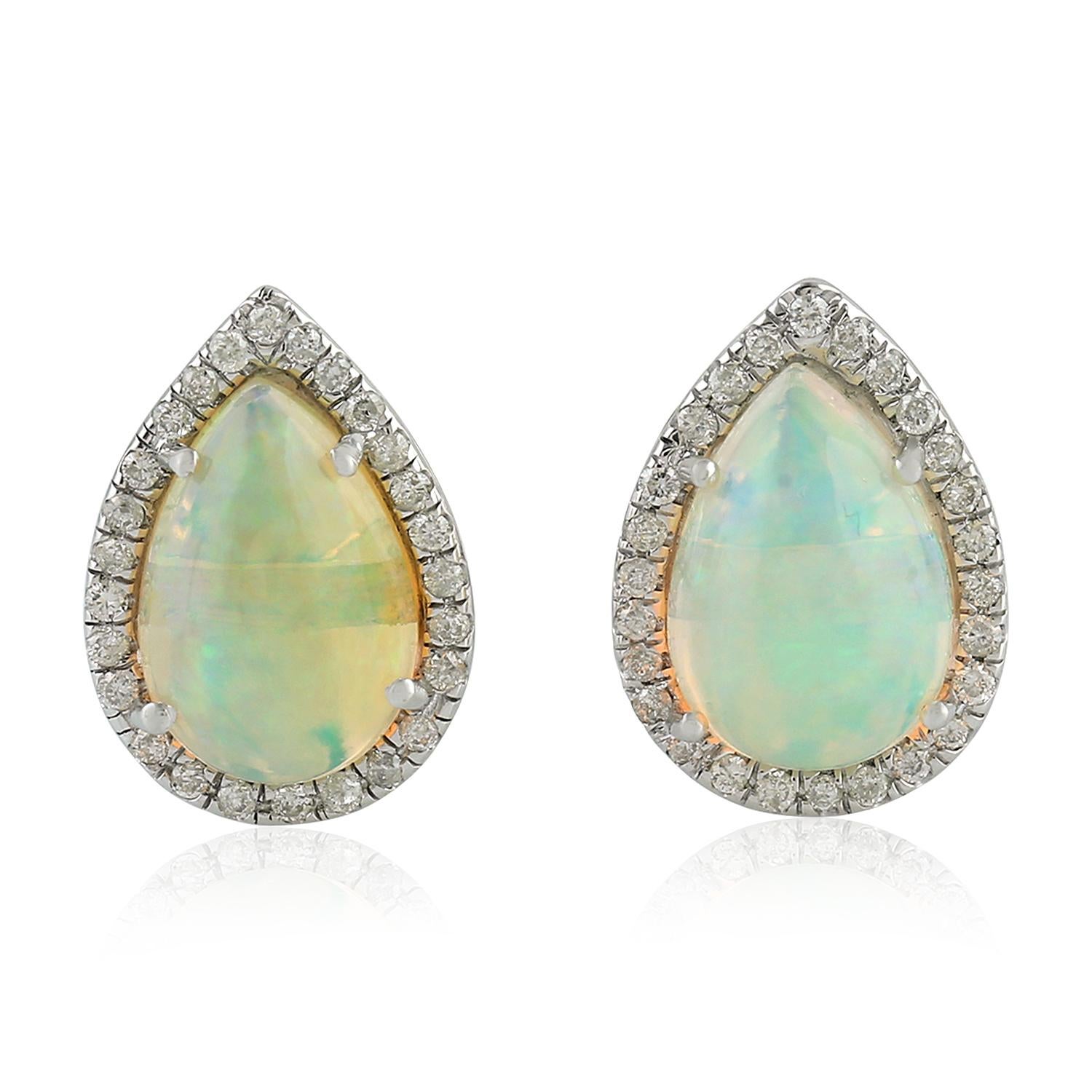 Pear Cut Ethiopian Opal Diamond 18 Karat Gold Pear Stud Earrings For Sale
