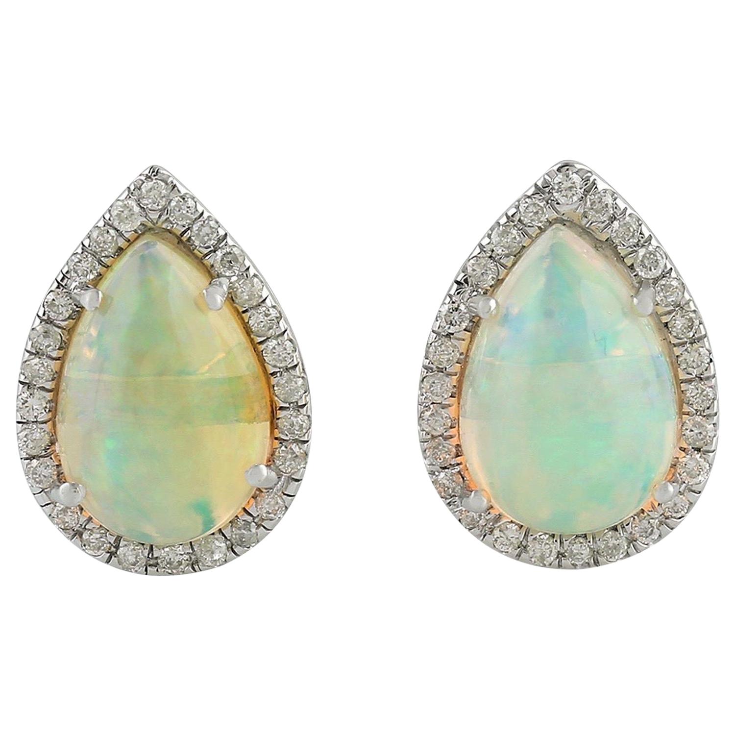 Ethiopian Opal Diamond 18 Karat Gold Pear Stud Earrings