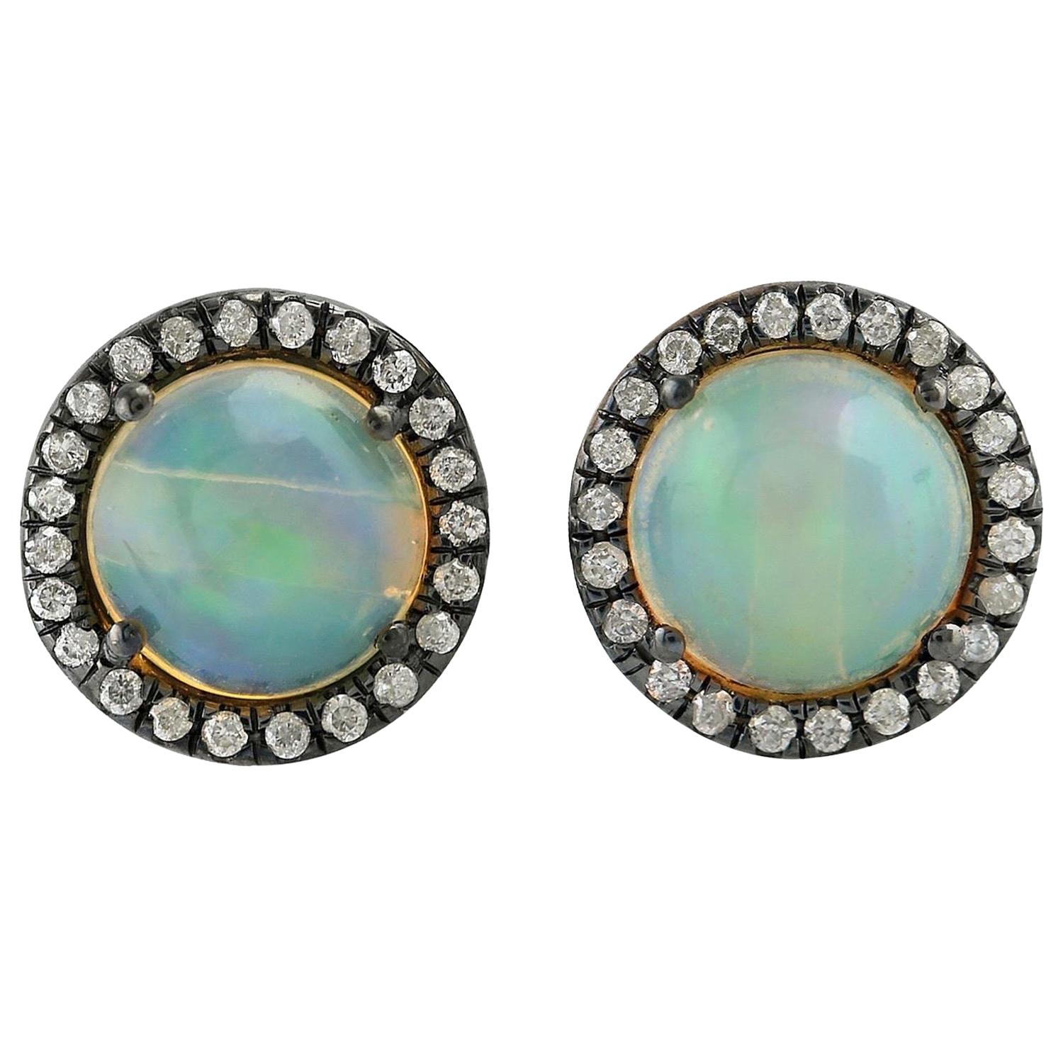 Ethiopian Opal Diamond 18 Karat Gold Stud Earrings