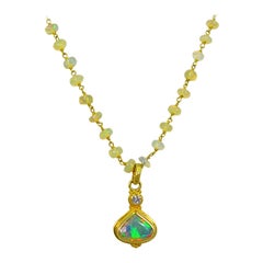 Ethiopian Opal, Diamond and 18 Karat Gold Beaded Chain Pendant Necklace