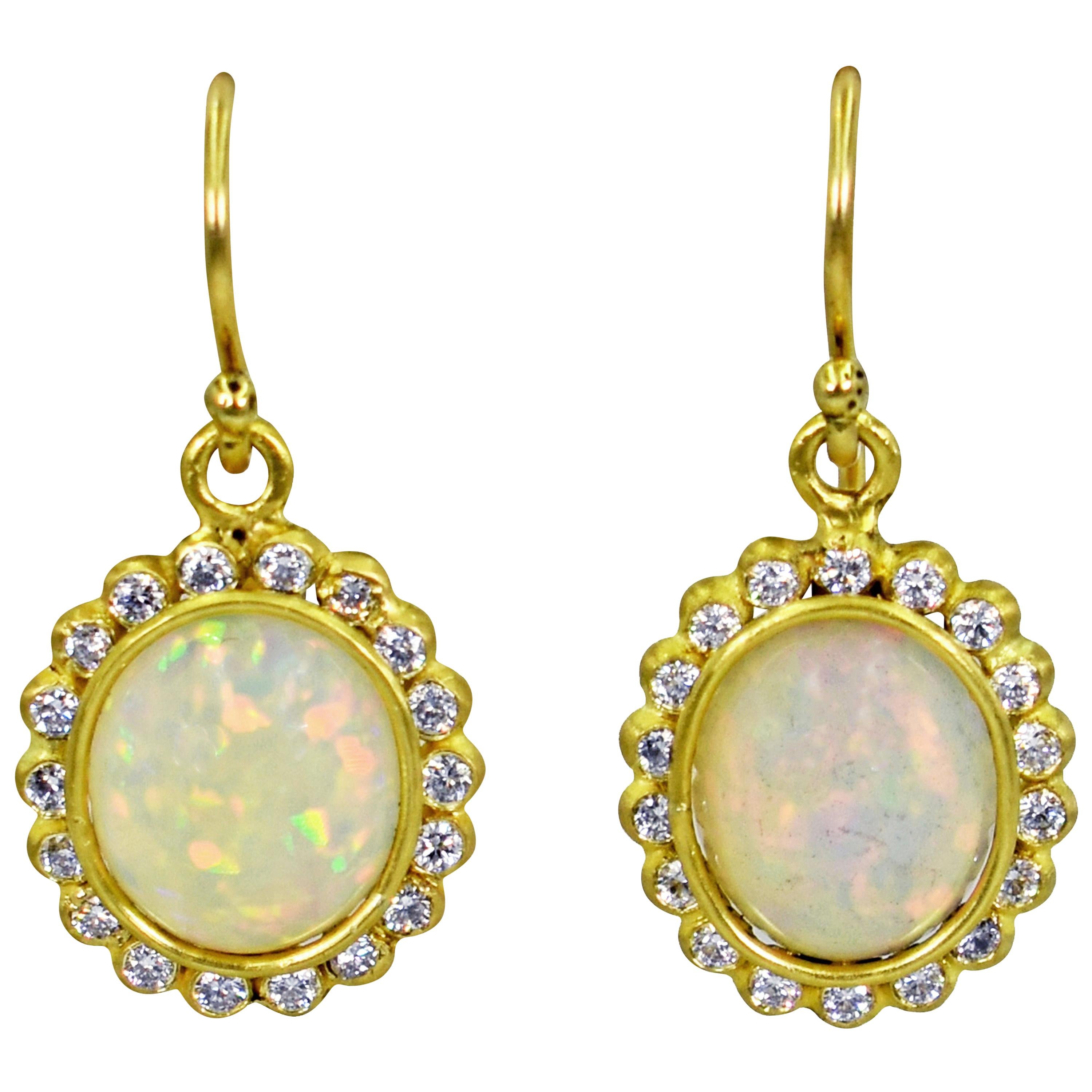 Ethiopian Opal Diamond Halo 22 Karat Gold Dangle Earrings