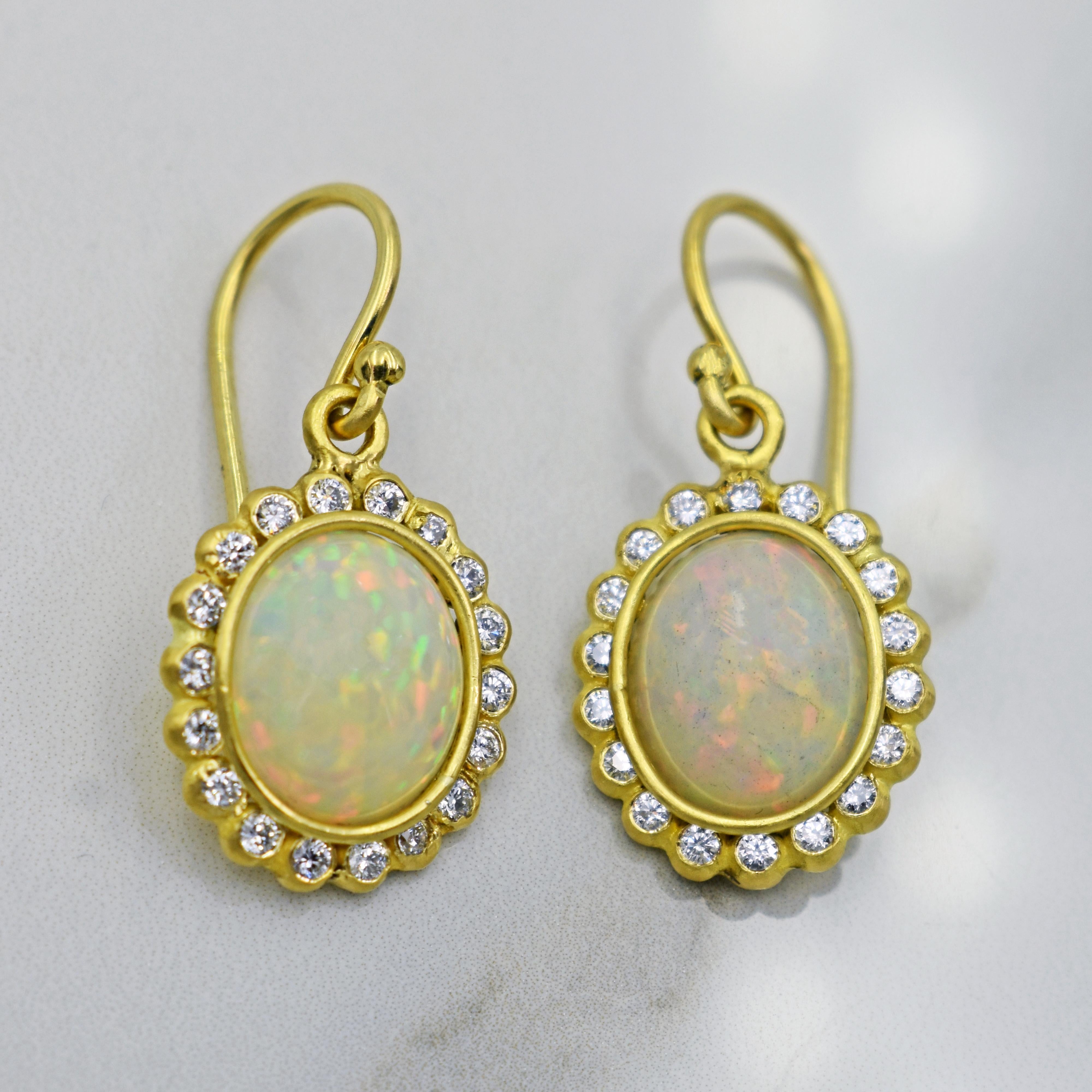 Women's Ethiopian Opal Diamond Halo 22 Karat Gold Dangle Earrings