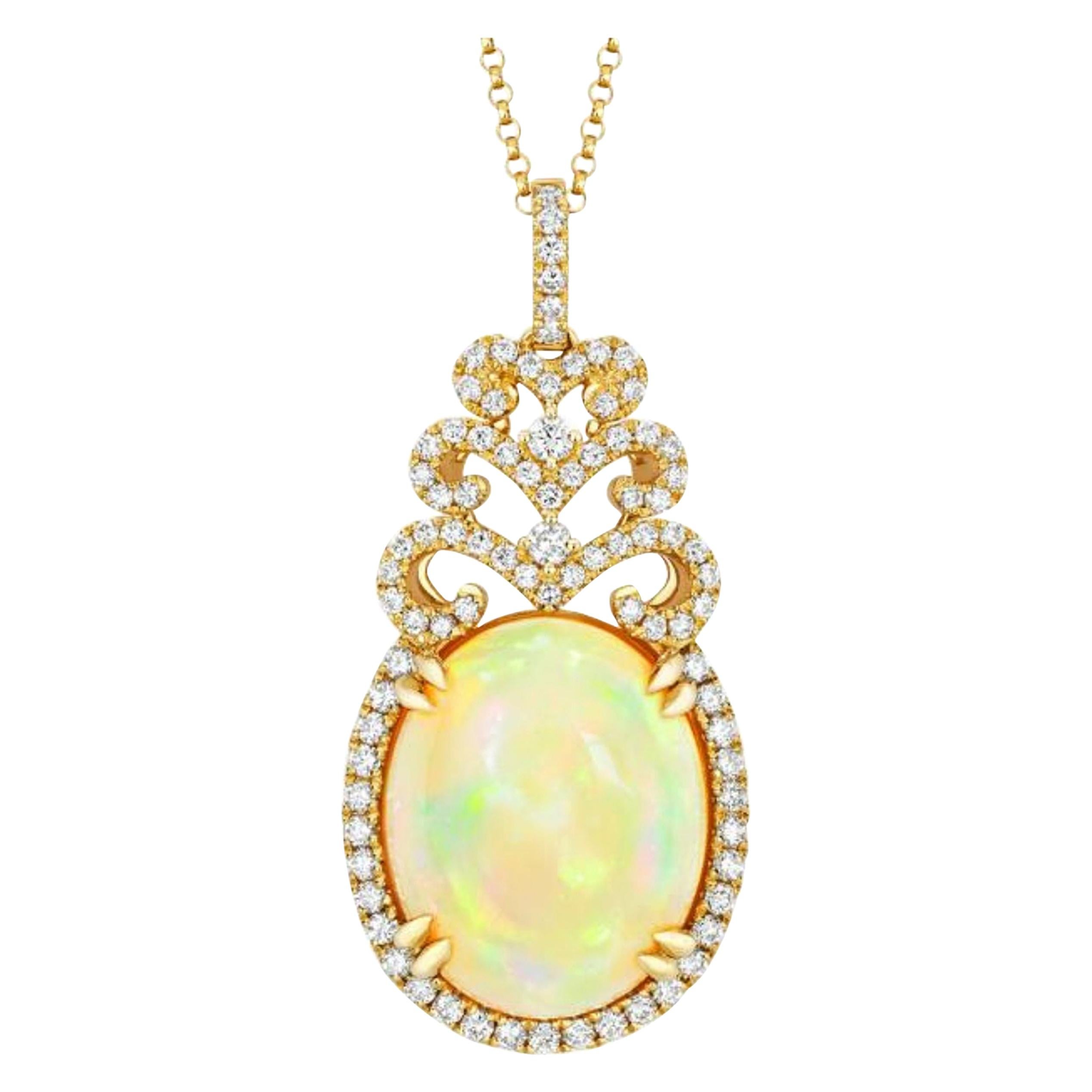 Ethiopian Opal Diamond Necklace 18K Yellow Gold For Sale