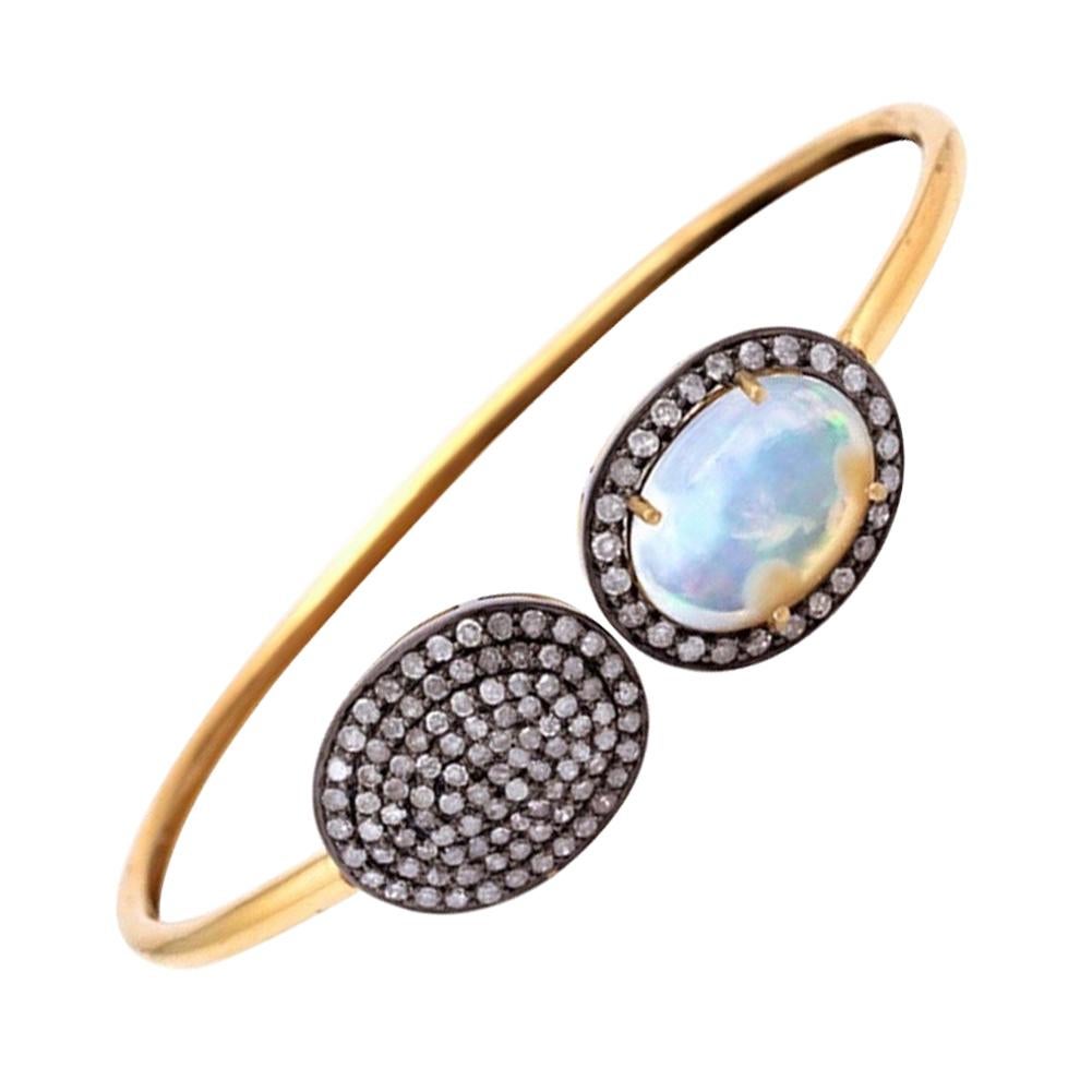 Ethiopian Opal Diamond Open Bangle Bracelet For Sale