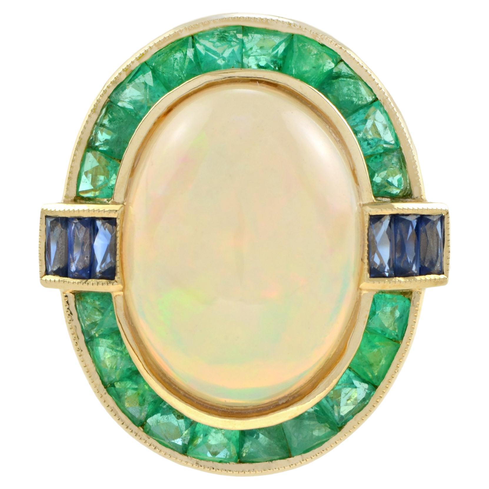 Bague cocktail en or jaune 14K avec émeraude et saphir en opale éthiopienne