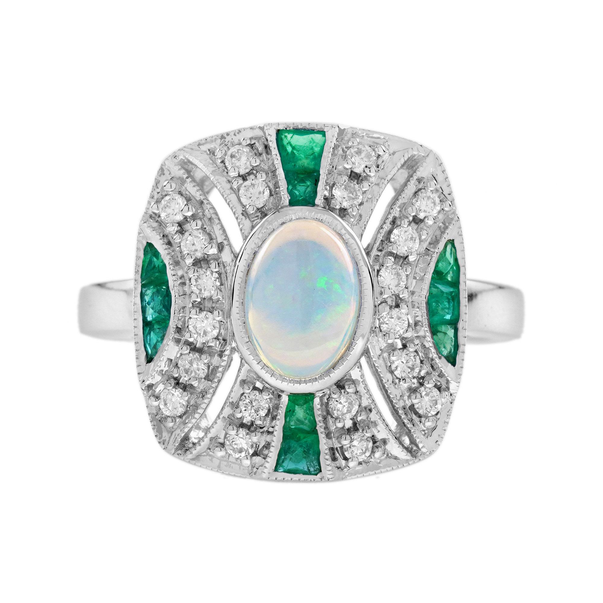 Ethiopian Opal Emerald Diamond Art Deco Style Cushion Shape Ring in 14K Gold