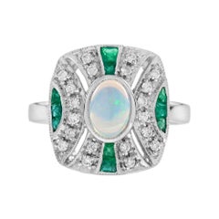 Ethiopian Opal Emerald Diamond Art Deco Style Cushion Shape Ring in 14K Gold