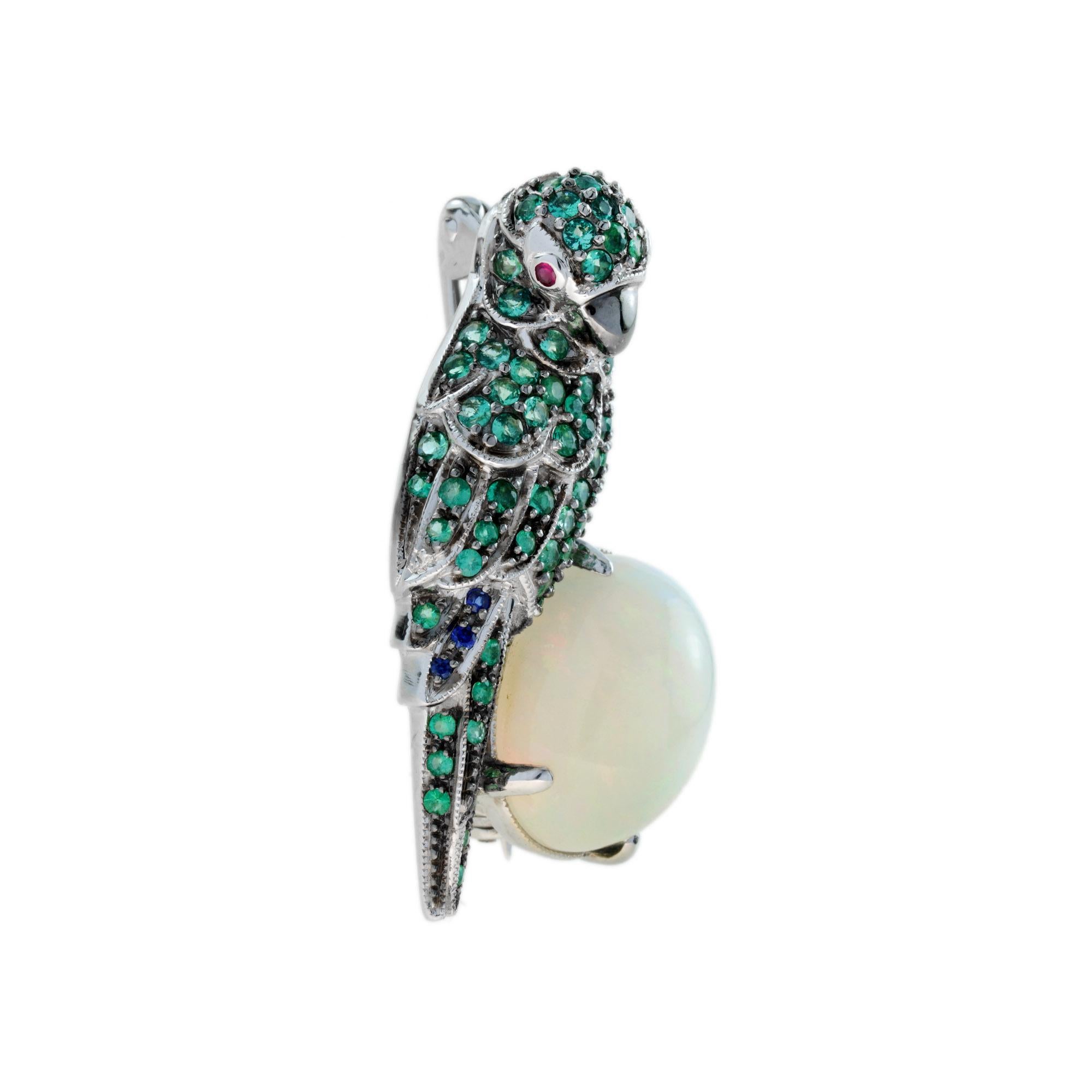 Art Deco Ethiopian Opal Emerald Sapphire Parrot Brooch in 18K White Gold
