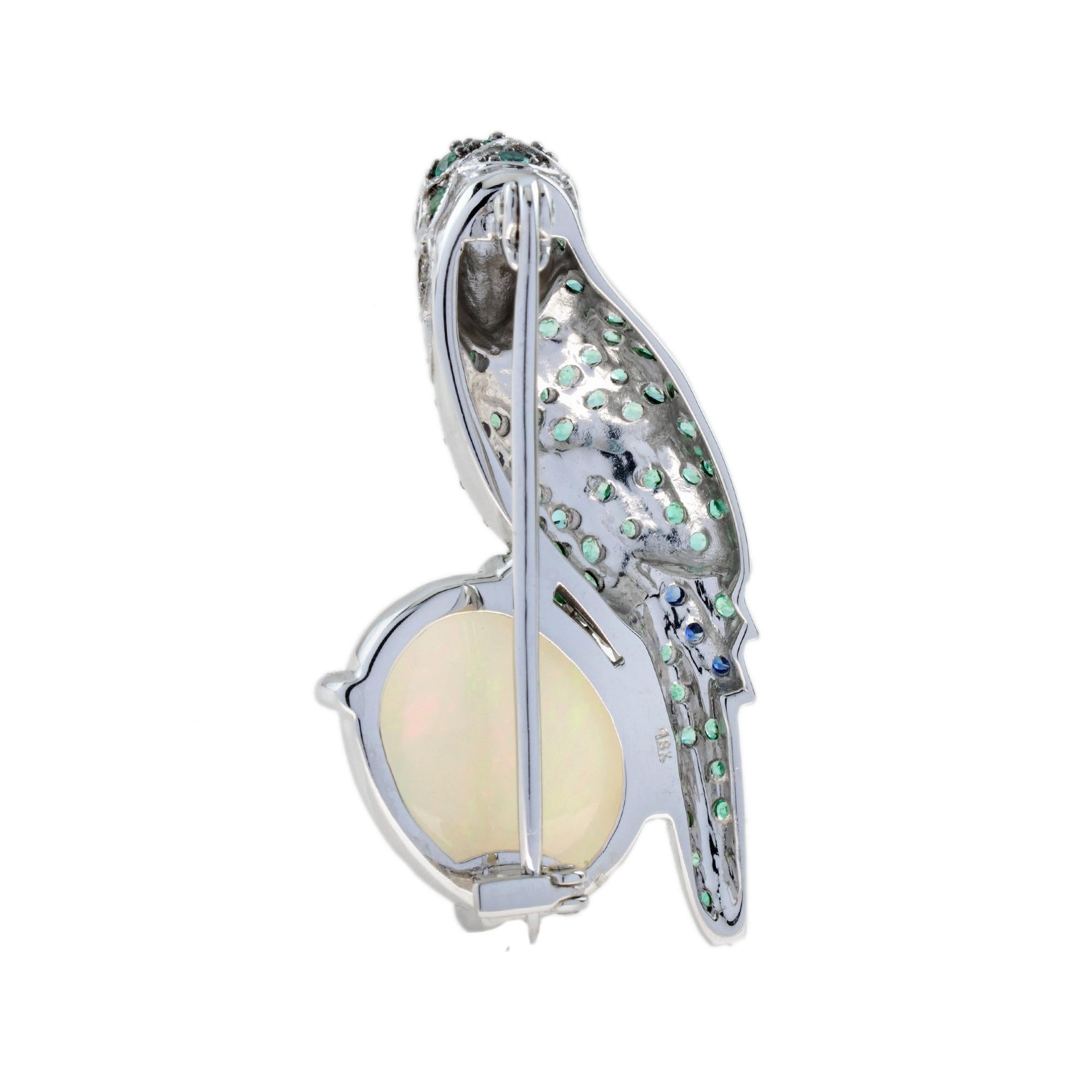 Ethiopian Opal Emerald Sapphire Parrot Brooch in 18K White Gold In New Condition In Bangkok, TH