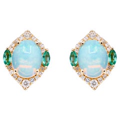 Ethiopian Opal, Emerald with Diamond Accents 10K Yellow Gold Earring