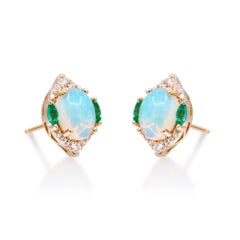 Ethiopian Opal, Emerald with Diamond Accents 14K Yellow Gold Earring