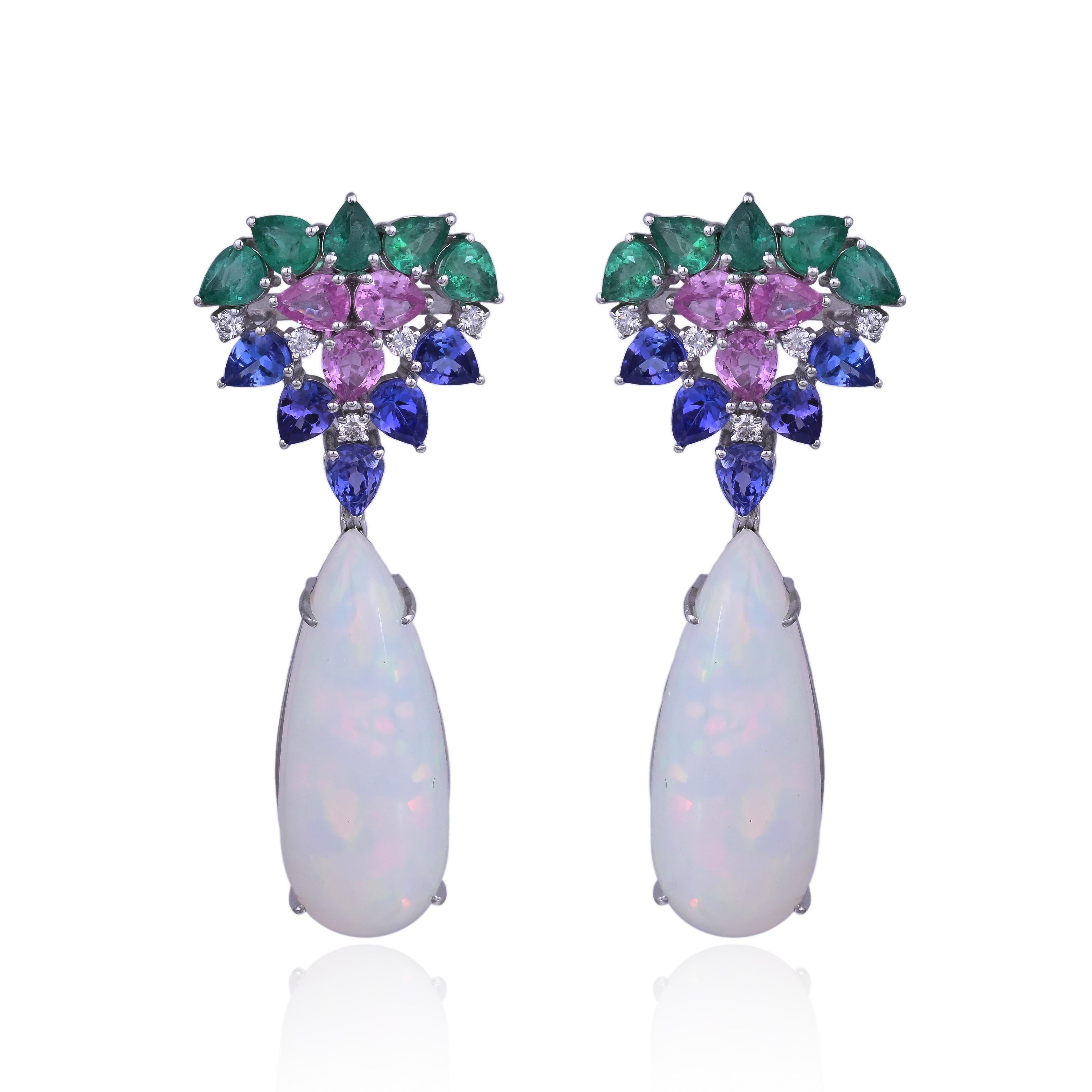 Orecchino lampadario con opale etiope, smeraldi, zaffiro rosa, tanzanite e diamanti in vendita 5