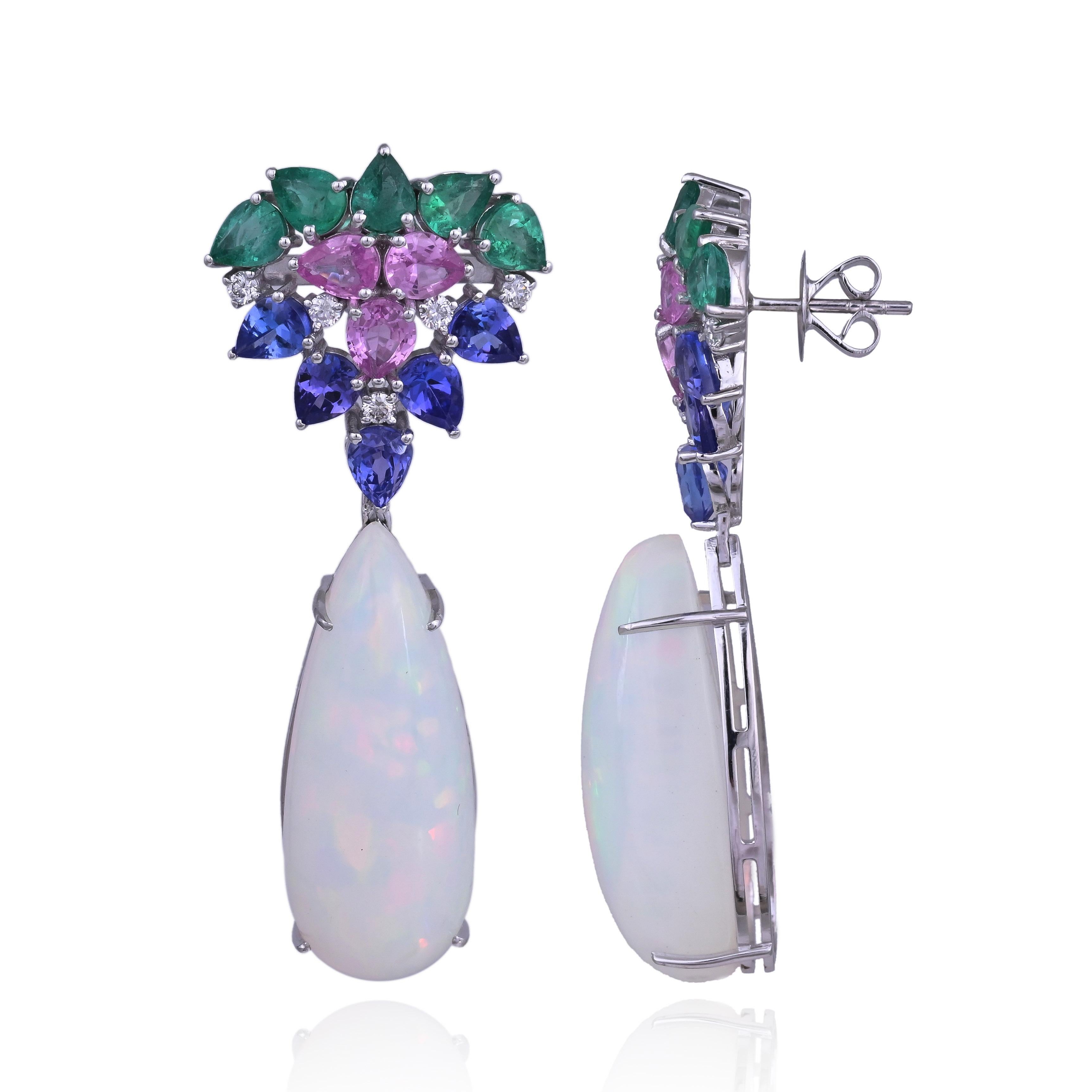 Orecchino lampadario con opale etiope, smeraldi, zaffiro rosa, tanzanite e diamanti in vendita 6