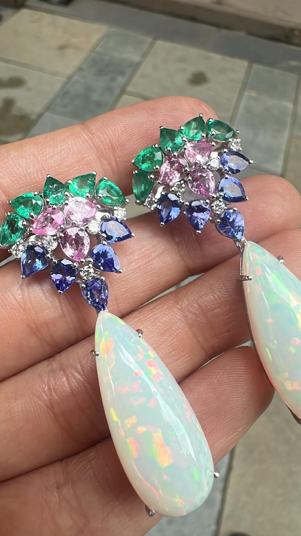 da uomo o donna Orecchino lampadario con opale etiope, smeraldi, zaffiro rosa, tanzanite e diamanti in vendita