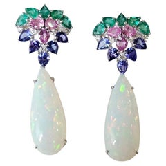 Ethiopian Opal, Emeralds, Pink Sapphire, Tanzanite & Diamonds Chandelier Earring