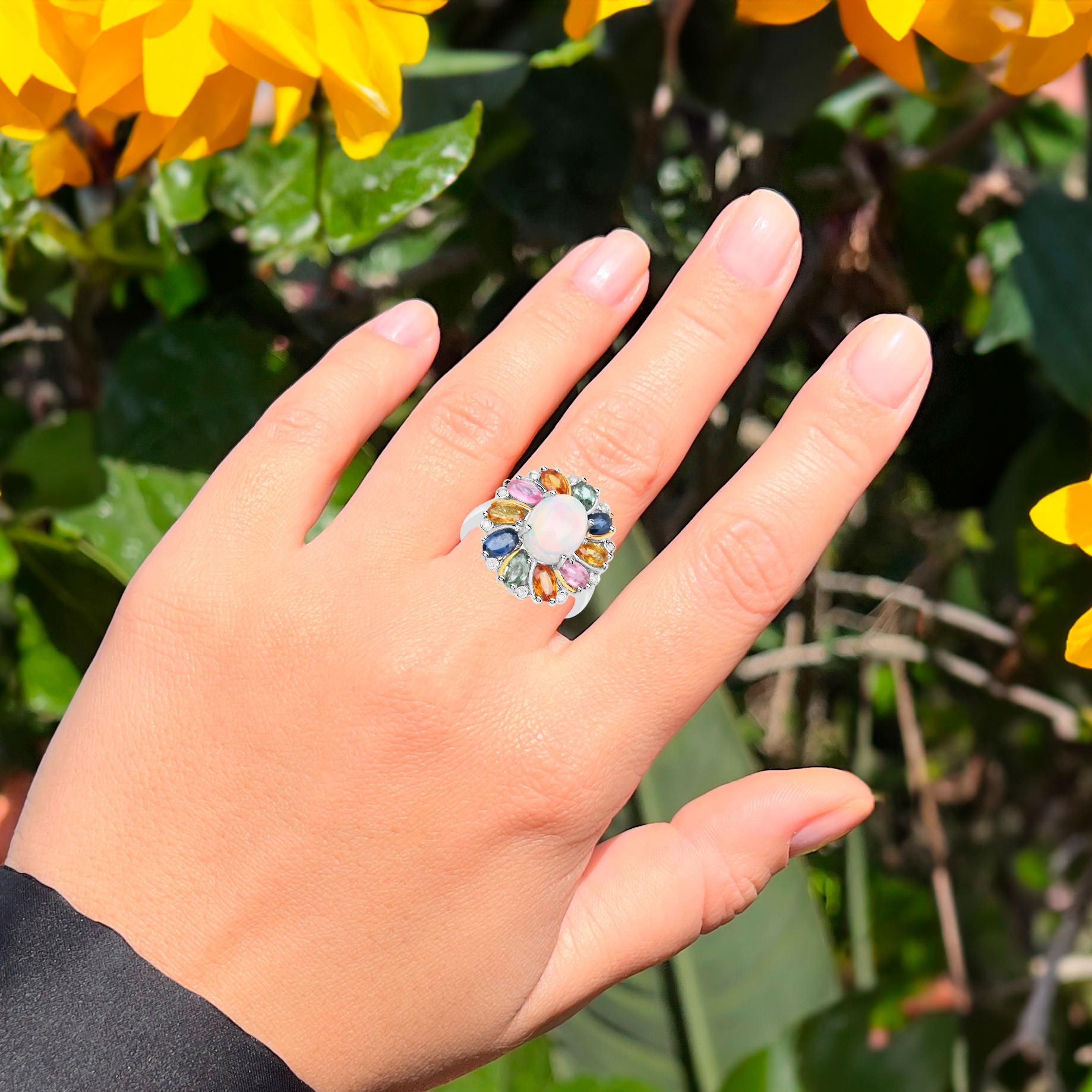 Cabochon Ethiopian Opal Floral Cocktail Ring Multicolor Sapphires Diamonds 3.95 Carats For Sale