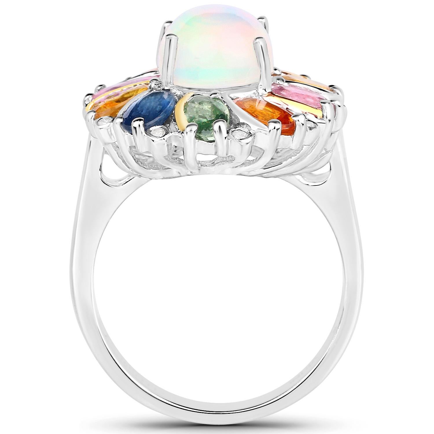 Ethiopian Opal Floral Cocktail Ring Multicolor Sapphires Diamonds 3.95 Carats In Excellent Condition For Sale In Laguna Niguel, CA