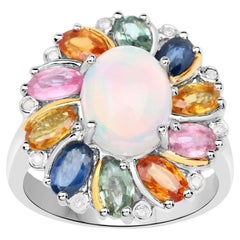 Äthiopischer Opal, Blumen-Cocktailring, mehrfarbiger Saphir, Diamanten, 3,95 Karat