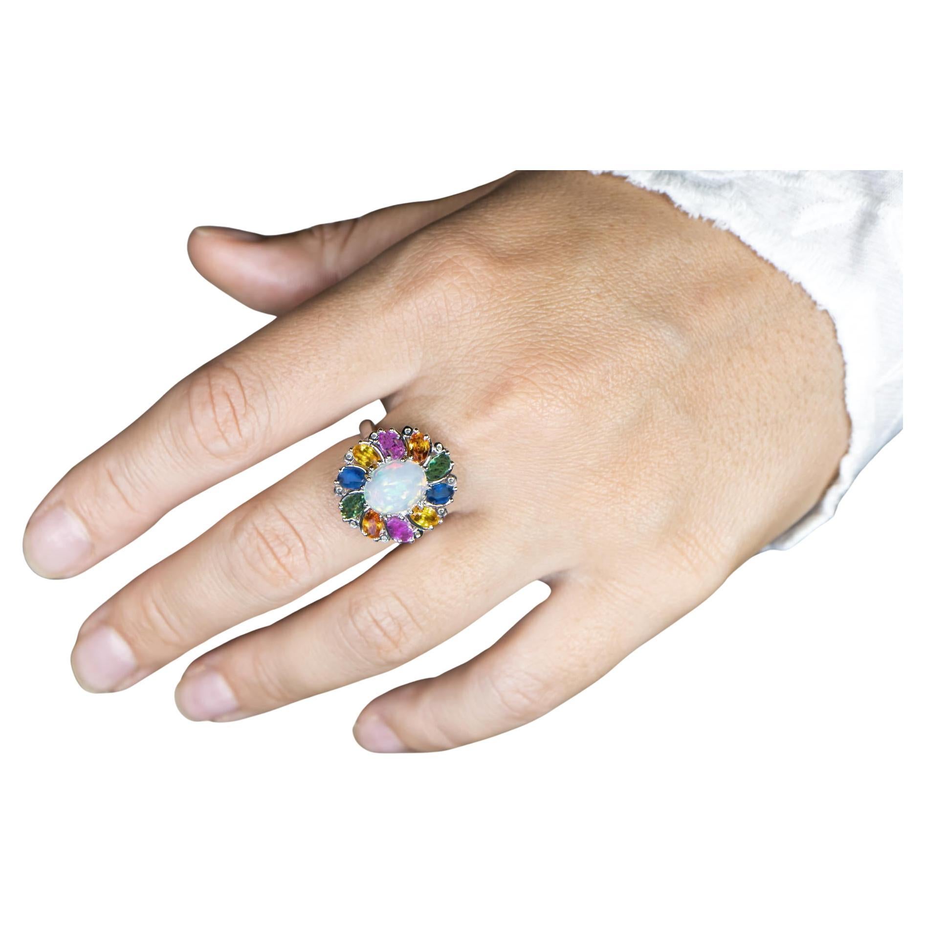 Anello cocktail floreale di opale etiope con zaffiri multicolore e diamanti 3,95 carati in vendita