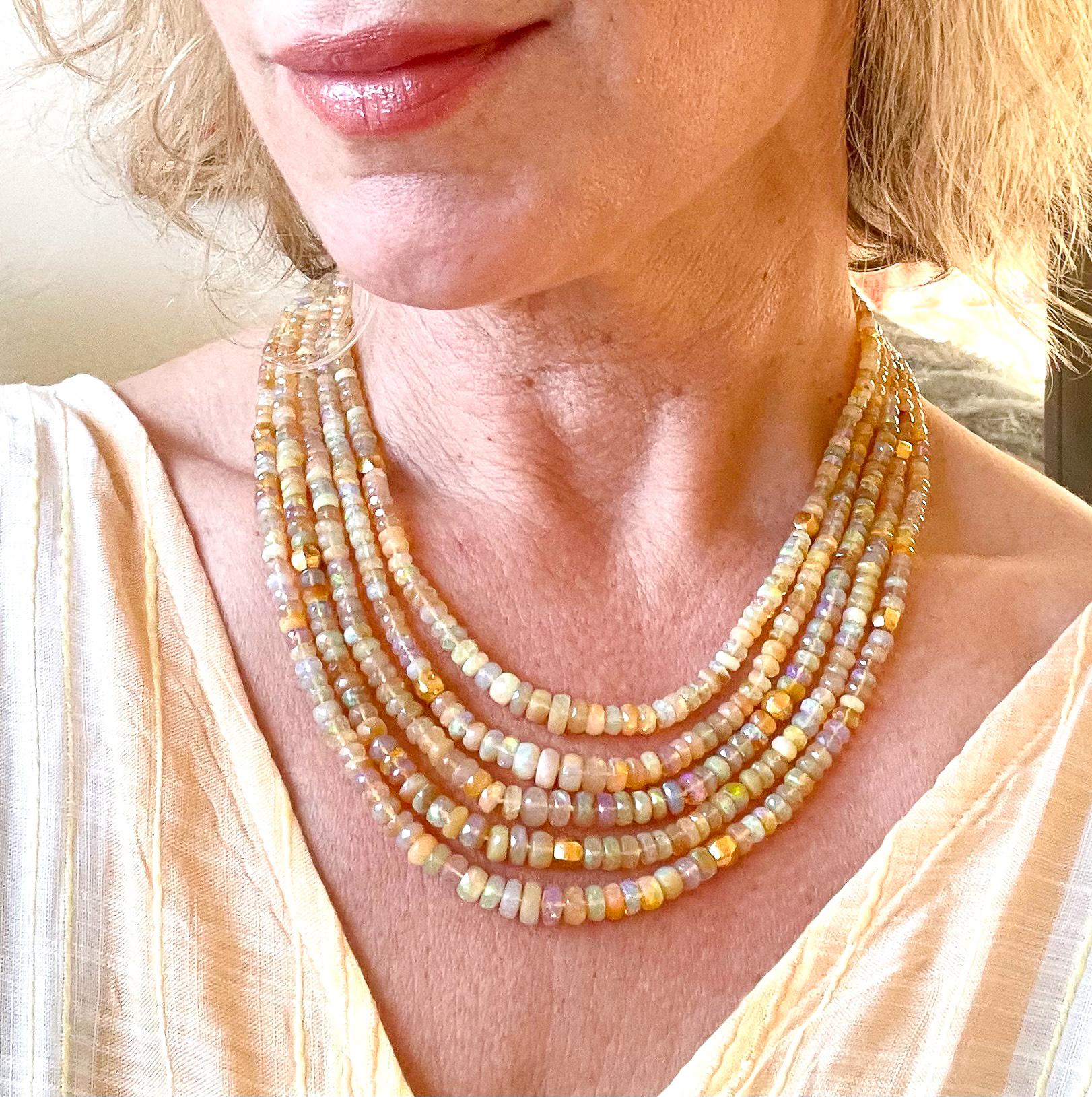 Rough Cut Ethiopian Opal Gold Bead Multi Strand Necklace