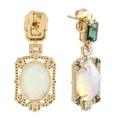 Ethiopian Opal Green Tourmaline Diamond 14 Karat Gold Earrings Meghna Jewels