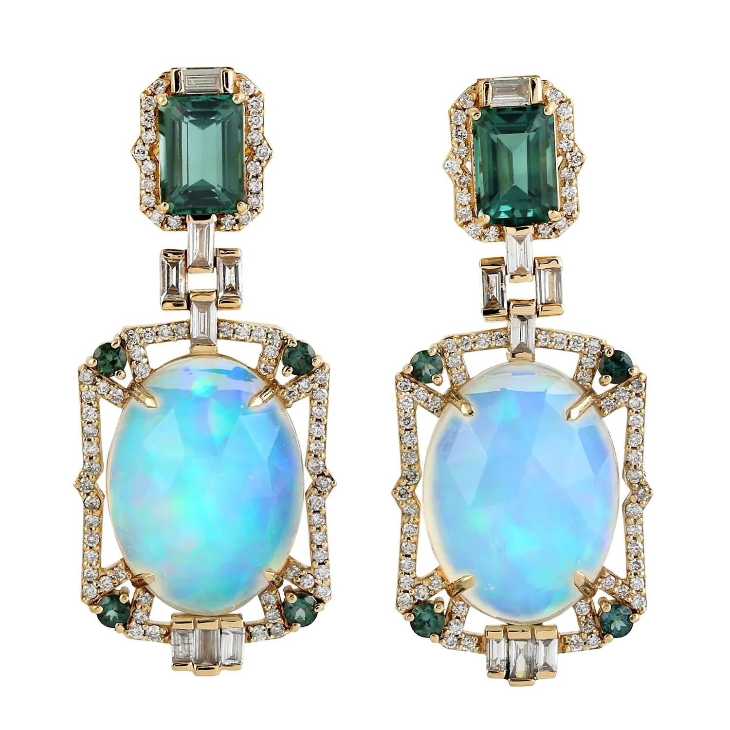 Contemporary Ethiopian Opal Green Tourmaline Diamond 18 Karat Gold Earrings Meghna Jewels For Sale