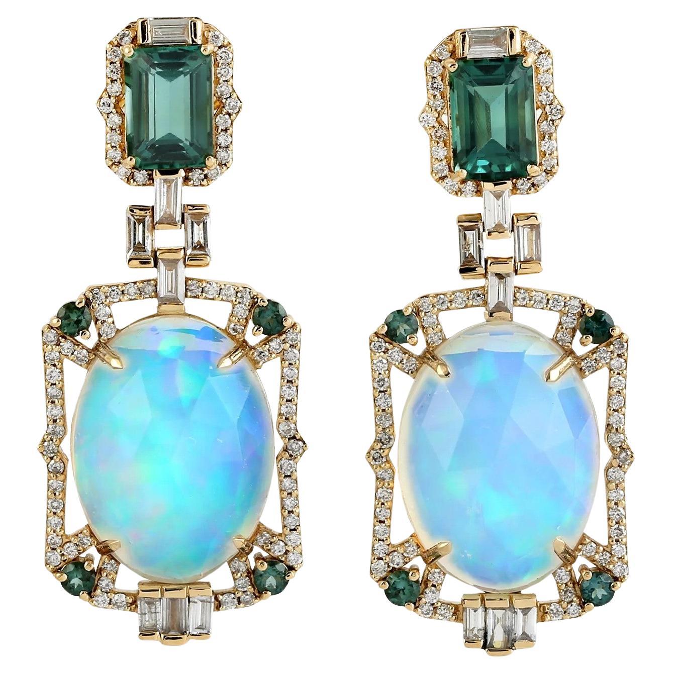 Ethiopian Opal Green Tourmaline Diamond 14 Karat Gold Earrings Meghna Jewels