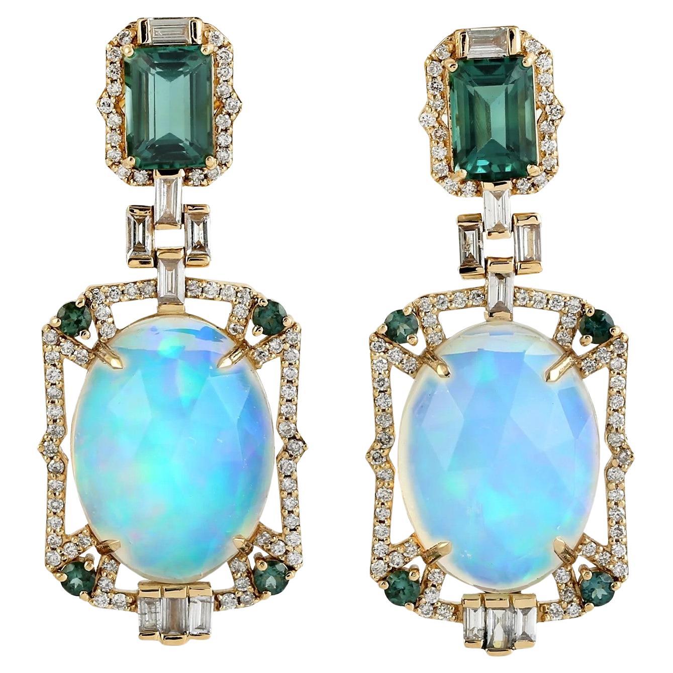 Ethiopian Opal Green Tourmaline Diamond 18 Karat Gold Earrings Meghna Jewels For Sale