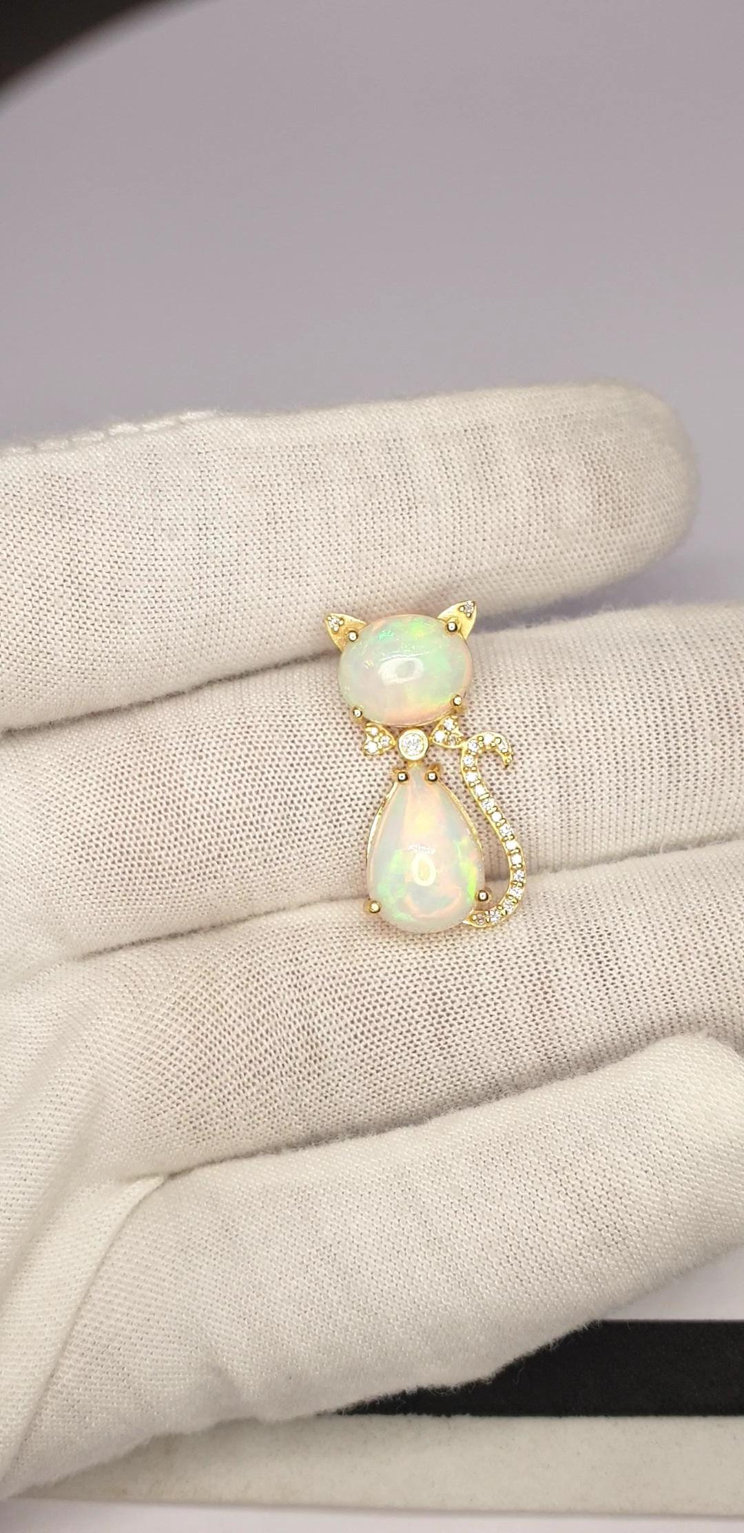 Ethiopian Opal Kitten Shape Cat Pendant in 14K Solid Gold For Sale 7