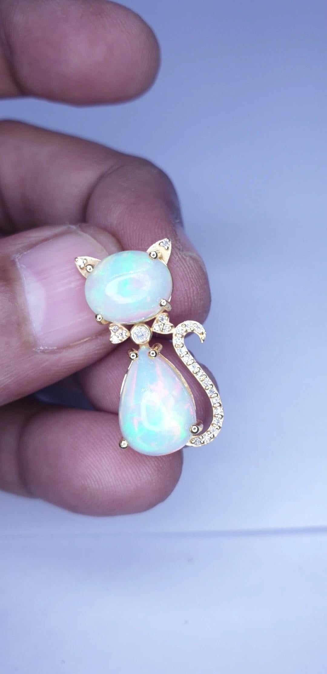 Ethiopian Opal Kitten Shape Cat Pendant in 14K Solid Gold For Sale 8