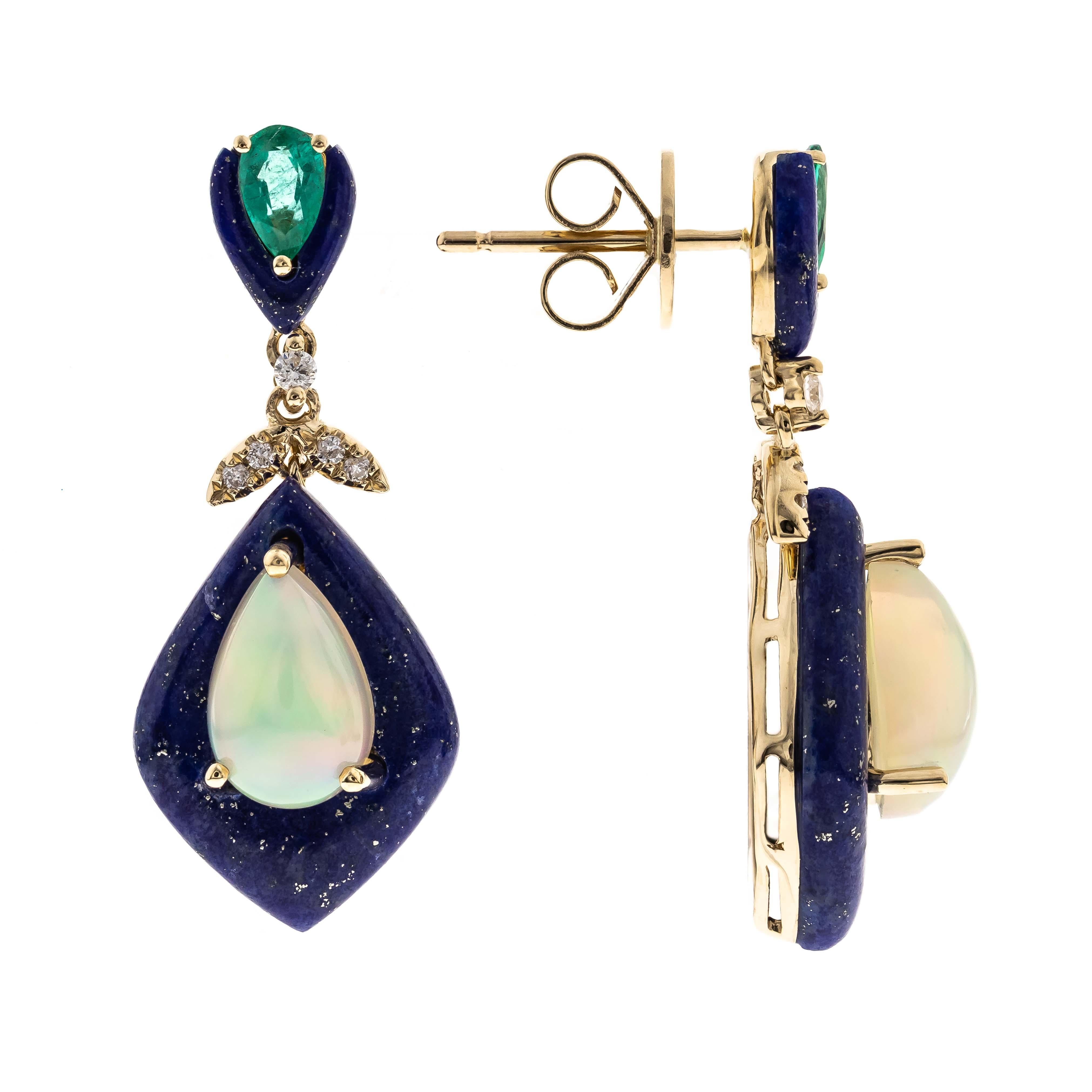 Art Deco Ethiopian Opal, Lapis, Emerald Diamond Accents 14K Yellow Gold Earring