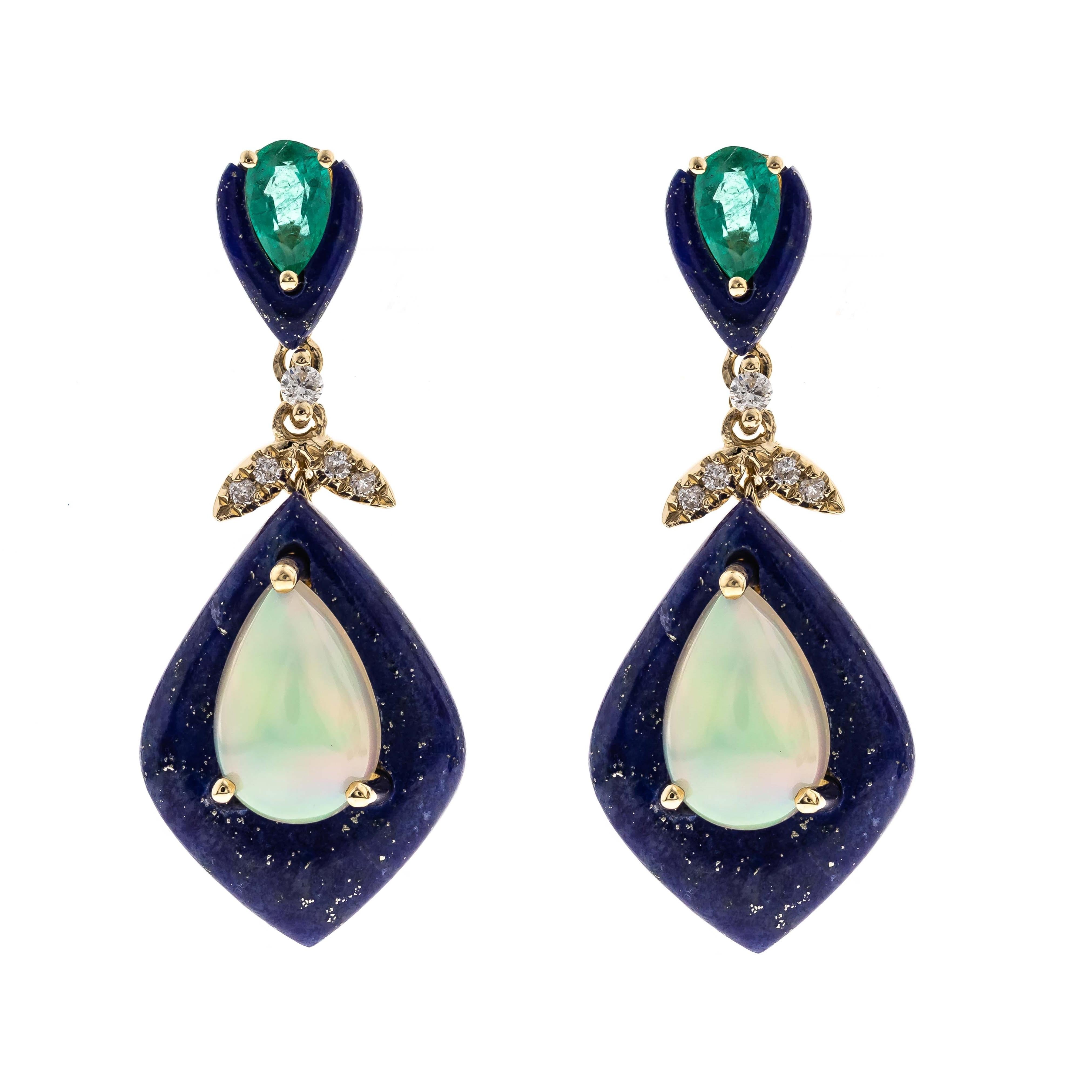 Pear Cut Ethiopian Opal, Lapis, Emerald Diamond Accents 14K Yellow Gold Earring For Sale