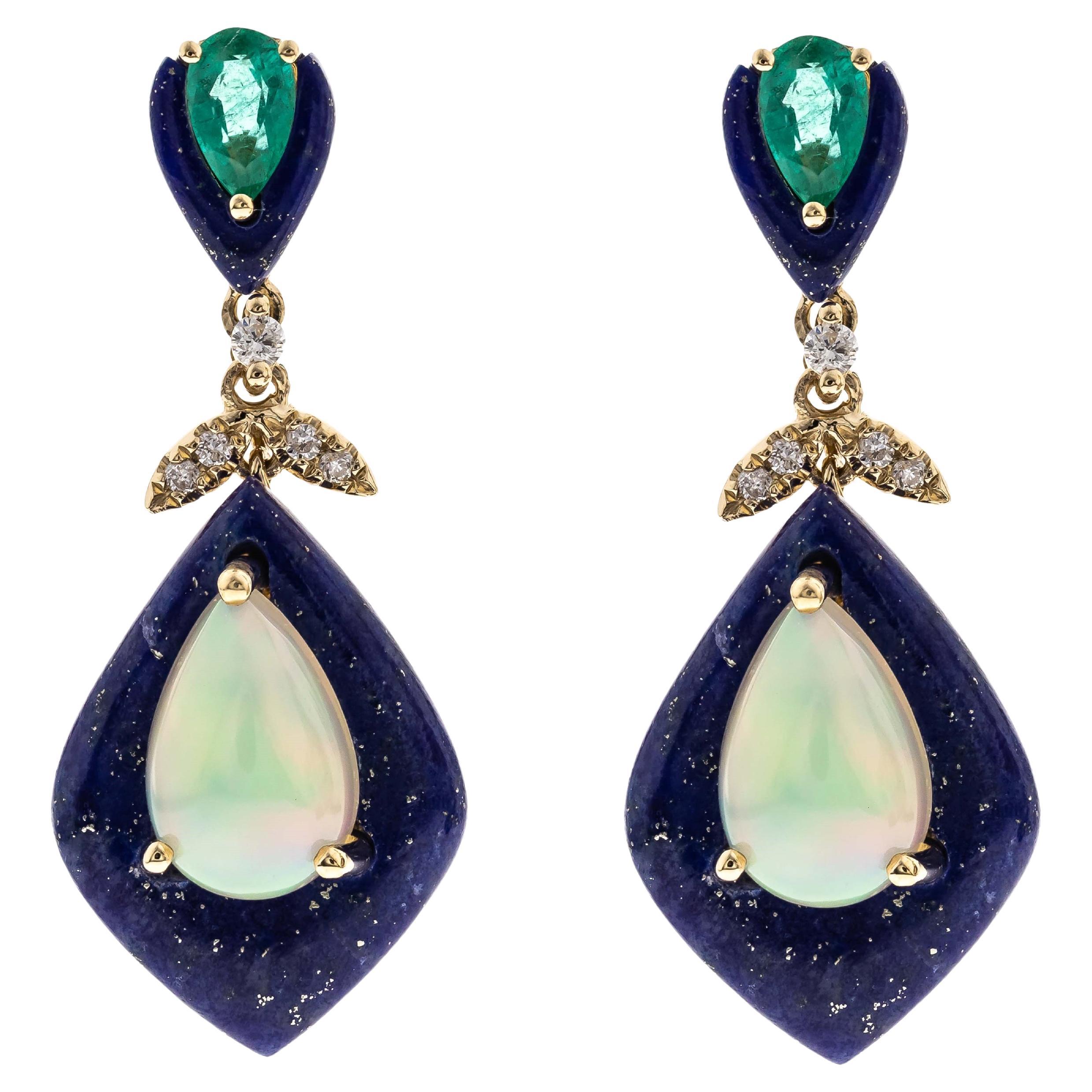 Ethiopian Opal, Lapis, Emerald Diamond Accents 14K Yellow Gold Earring For Sale