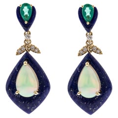 Ethiopian Opal, Lapis, Emerald Diamond Accents 14K Yellow Gold Earring