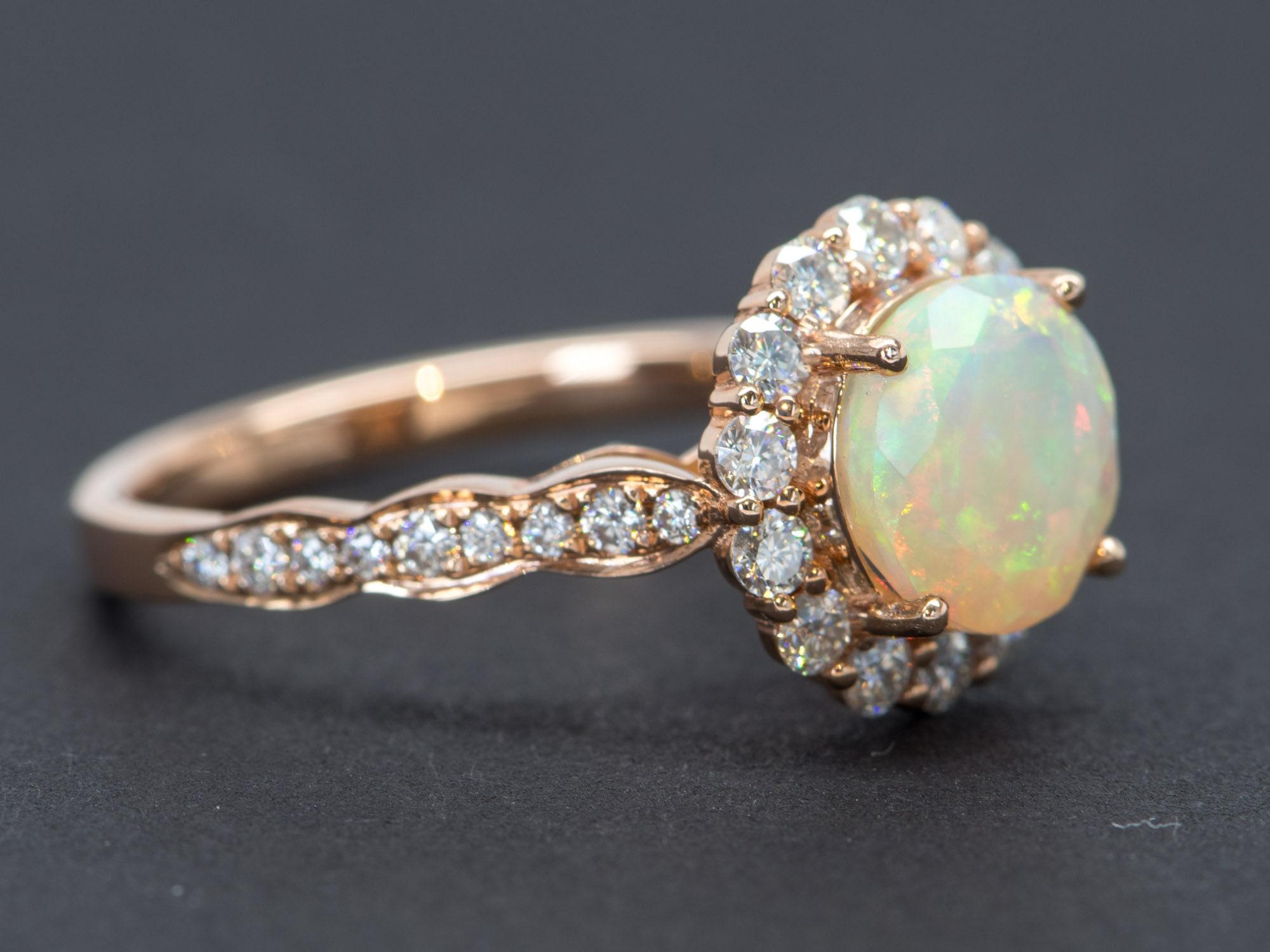 Round Cut Ethiopian Opal Moissanite Halo Engagement Ring 14K Rose Gold AD1849-1 For Sale