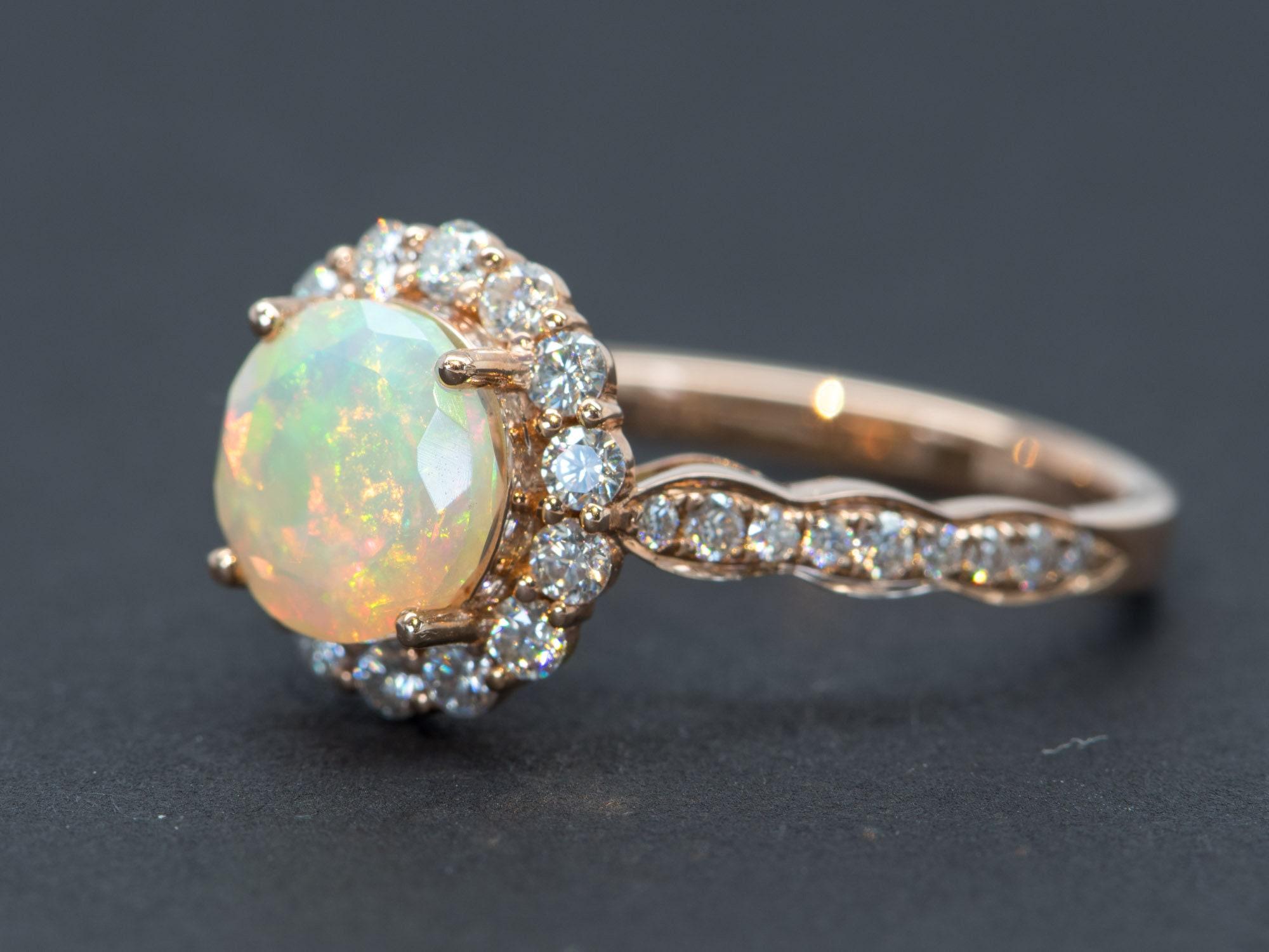 Ethiopian Opal Moissanite Halo Engagement Ring 14K Rose Gold AD1849-1 In New Condition For Sale In Osprey, FL
