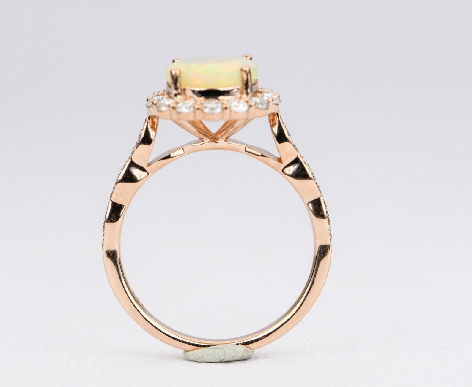Ethiopian Opal Moissanite Halo Engagement Ring 14K Rose Gold AD1849-1 For Sale 1