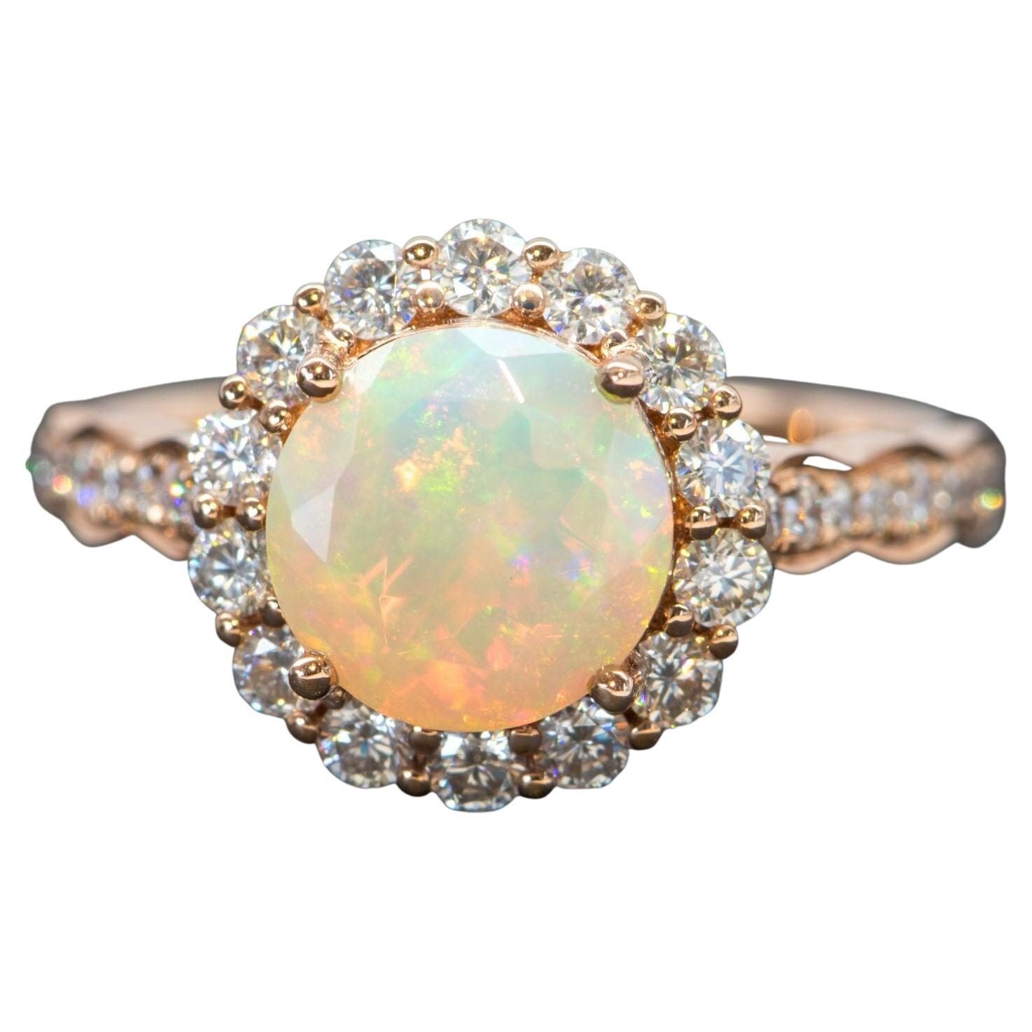 Ethiopian Opal Moissanite Halo Engagement Ring 14K Rose Gold AD1849-1 For Sale