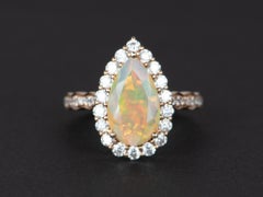 Ethiopian Opal Moissanite Halo Engagement Ring 14K Rose Gold Half Eternity