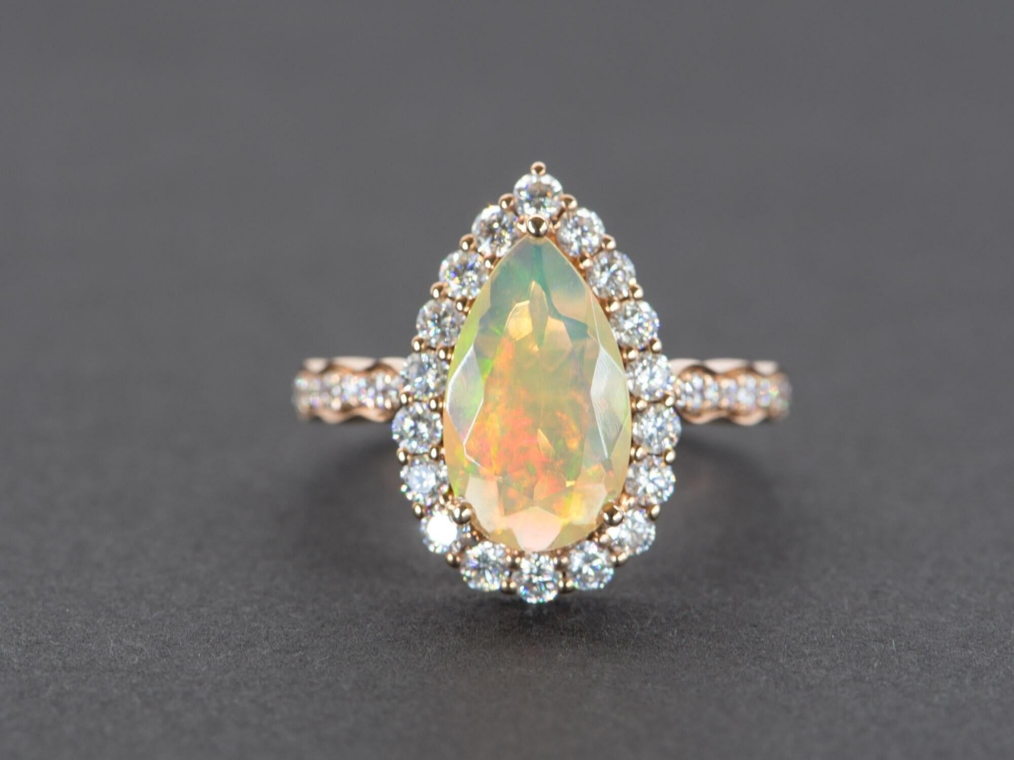 Pear Cut Ethiopian Opal Moissanite Halo Engagement Ring 14K Rose Gold Half Eternity For Sale