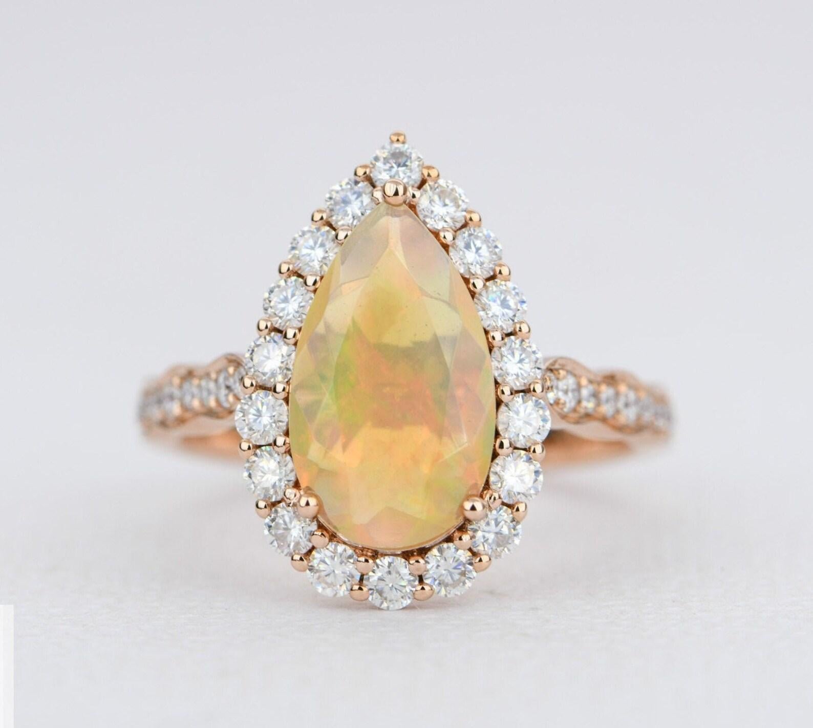 Ethiopian Opal Moissanite Halo Engagement Ring 14K Rose Gold Half Eternity In New Condition For Sale In Osprey, FL